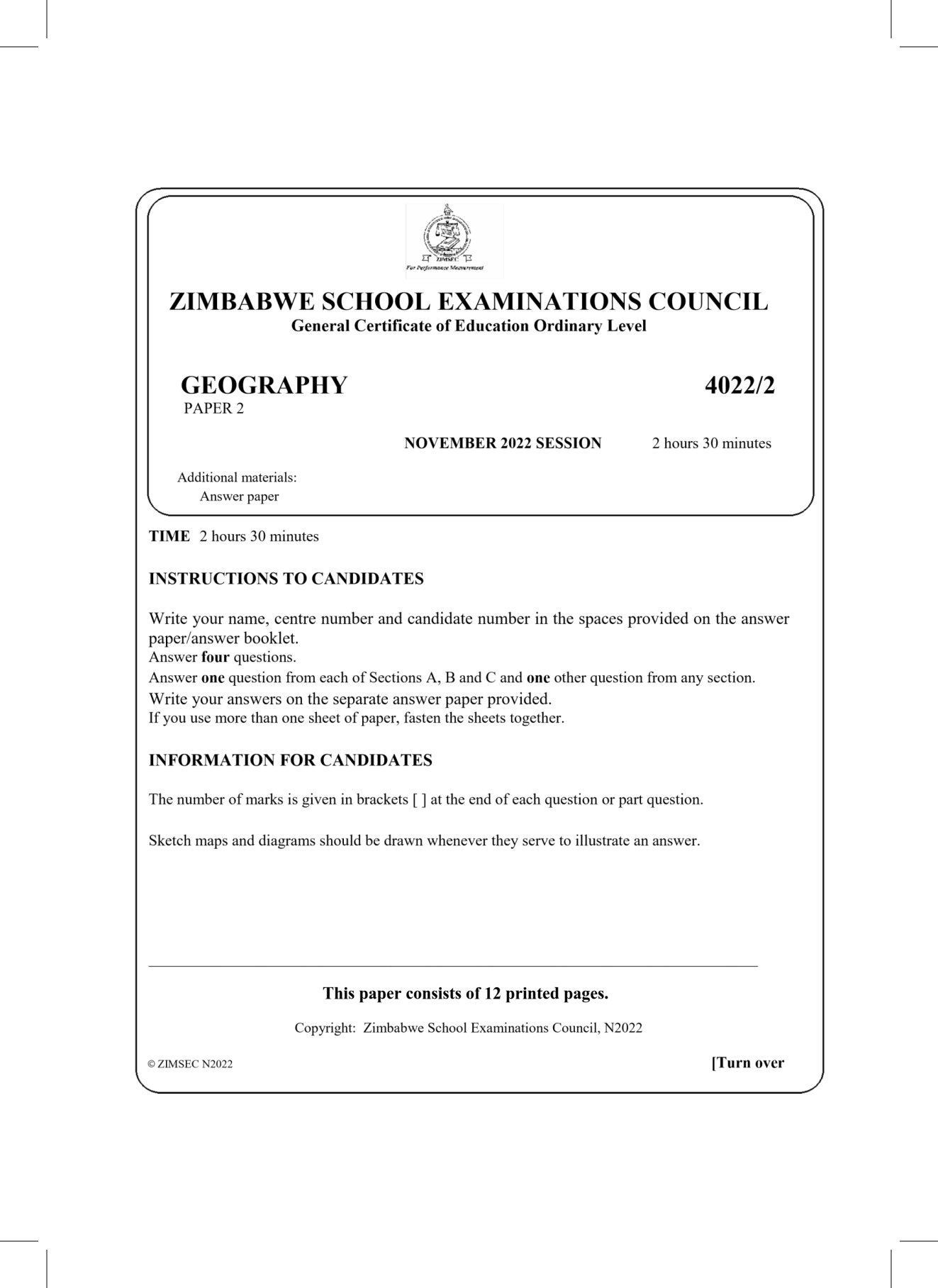 First page of ZIMSEC O-Level Geography Paper 2 November 2022 Question Paper