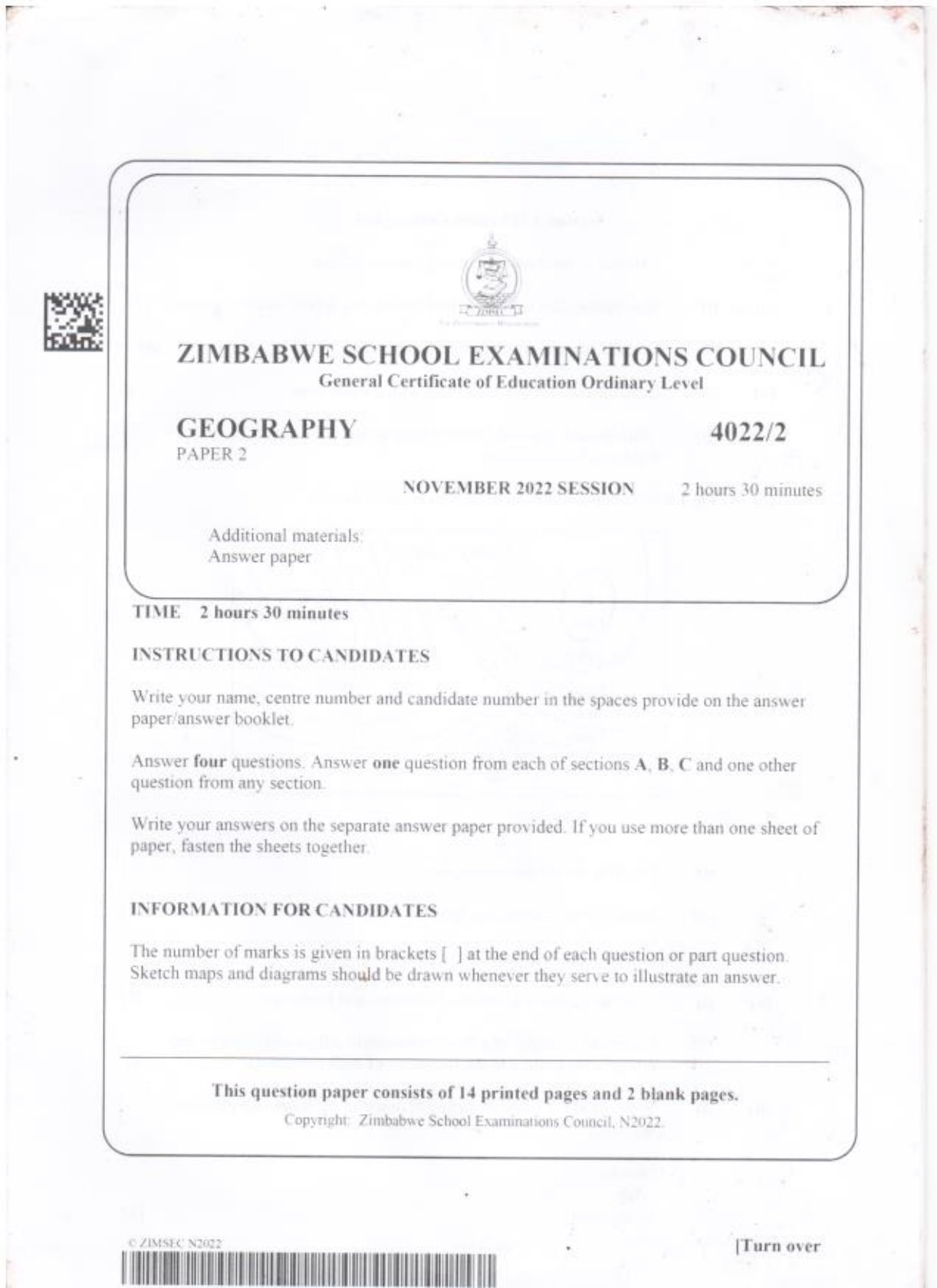 First page of ZIMSEC O-Level Geography Paper 2 November 2022 Question Paper