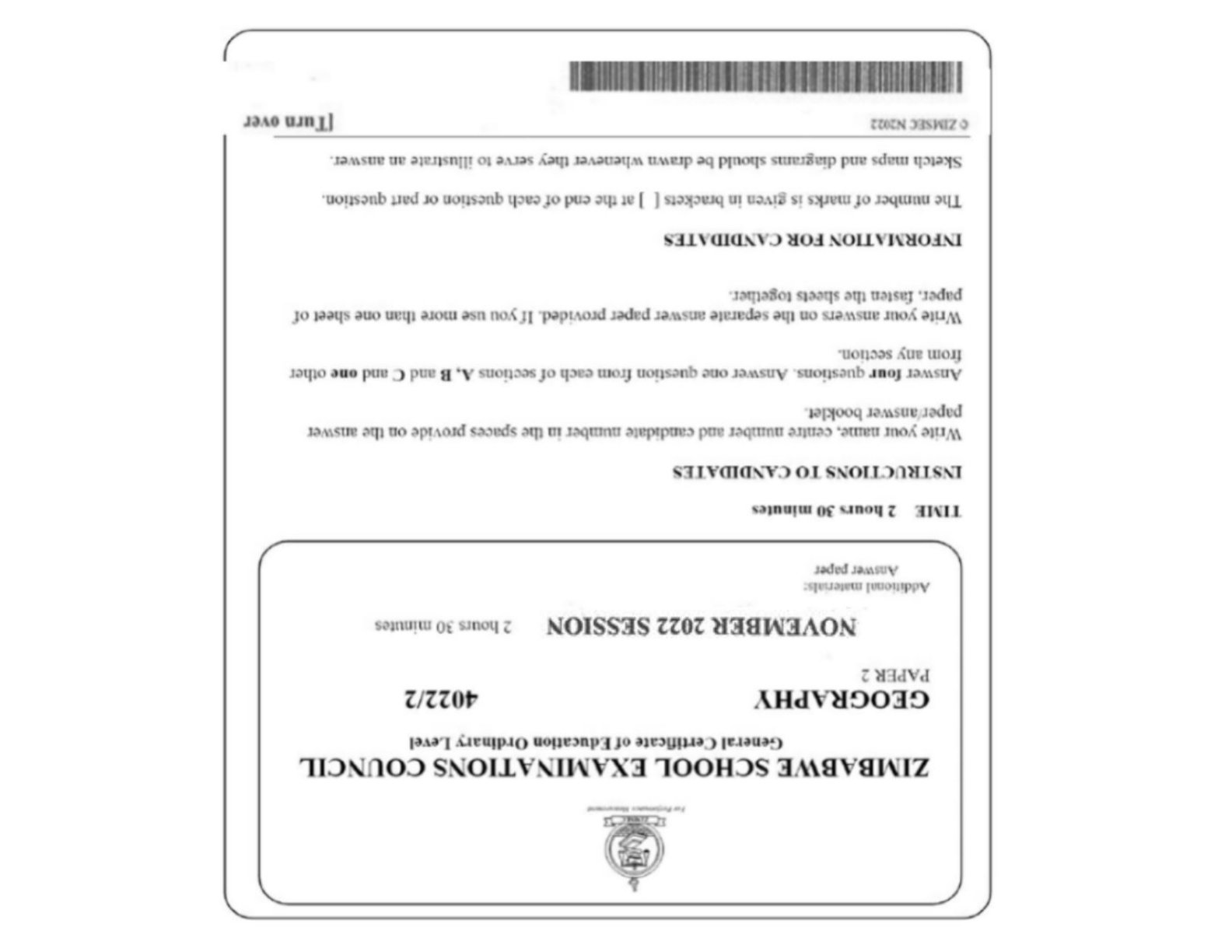 First page of ZIMSEC O-Level Geography Paper 2 November 2022 Question Paper