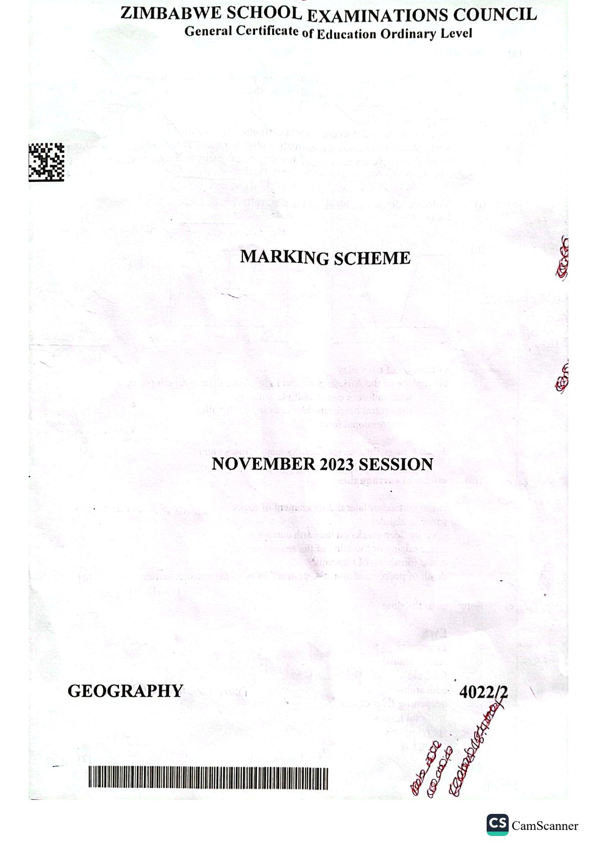 First page of ZIMSEC O-Level Geography Paper 2 November 2023 Marking Scheme