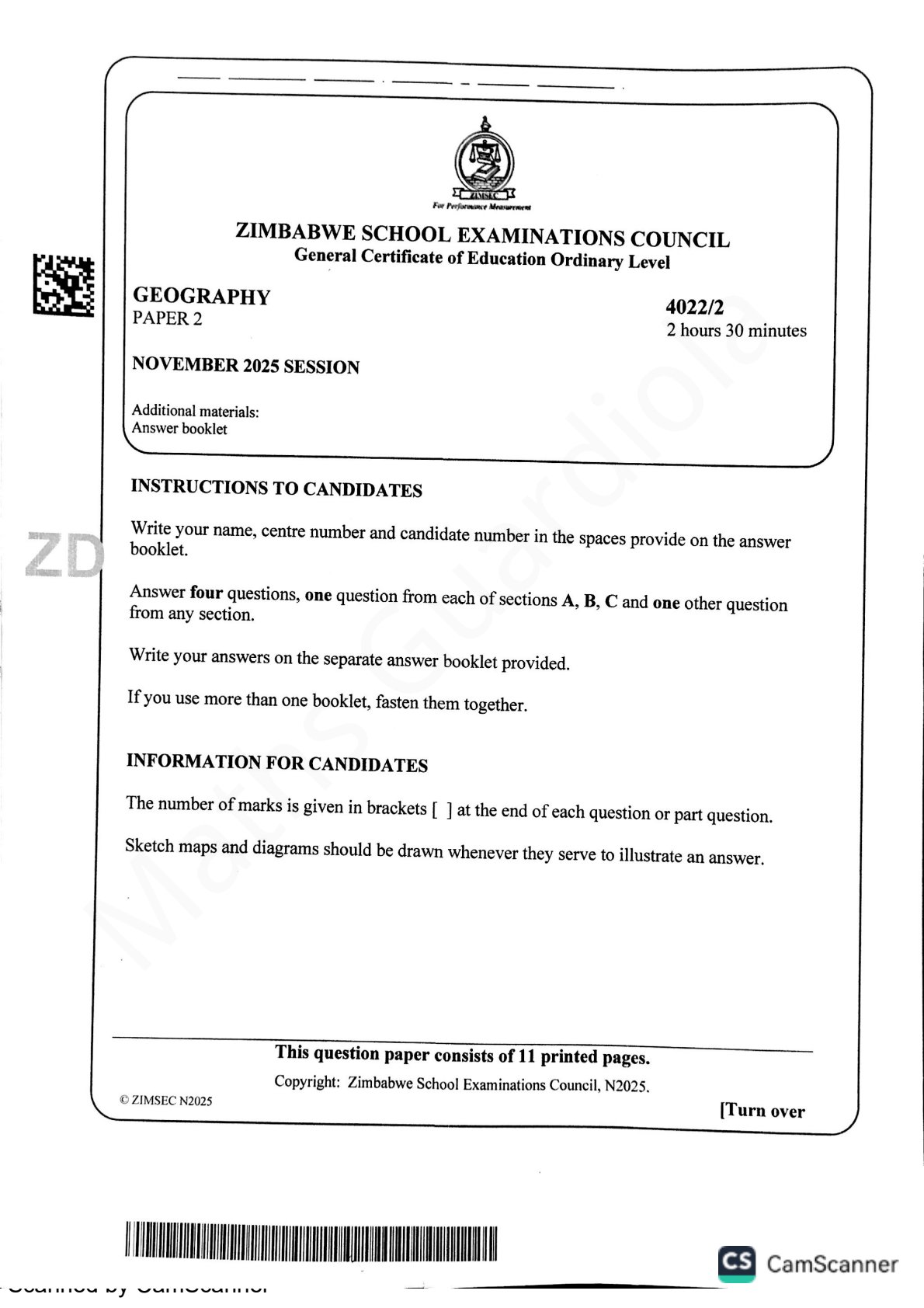 First page of ZIMSEC O-Level Geography Paper 2 November 2025 Question Paper