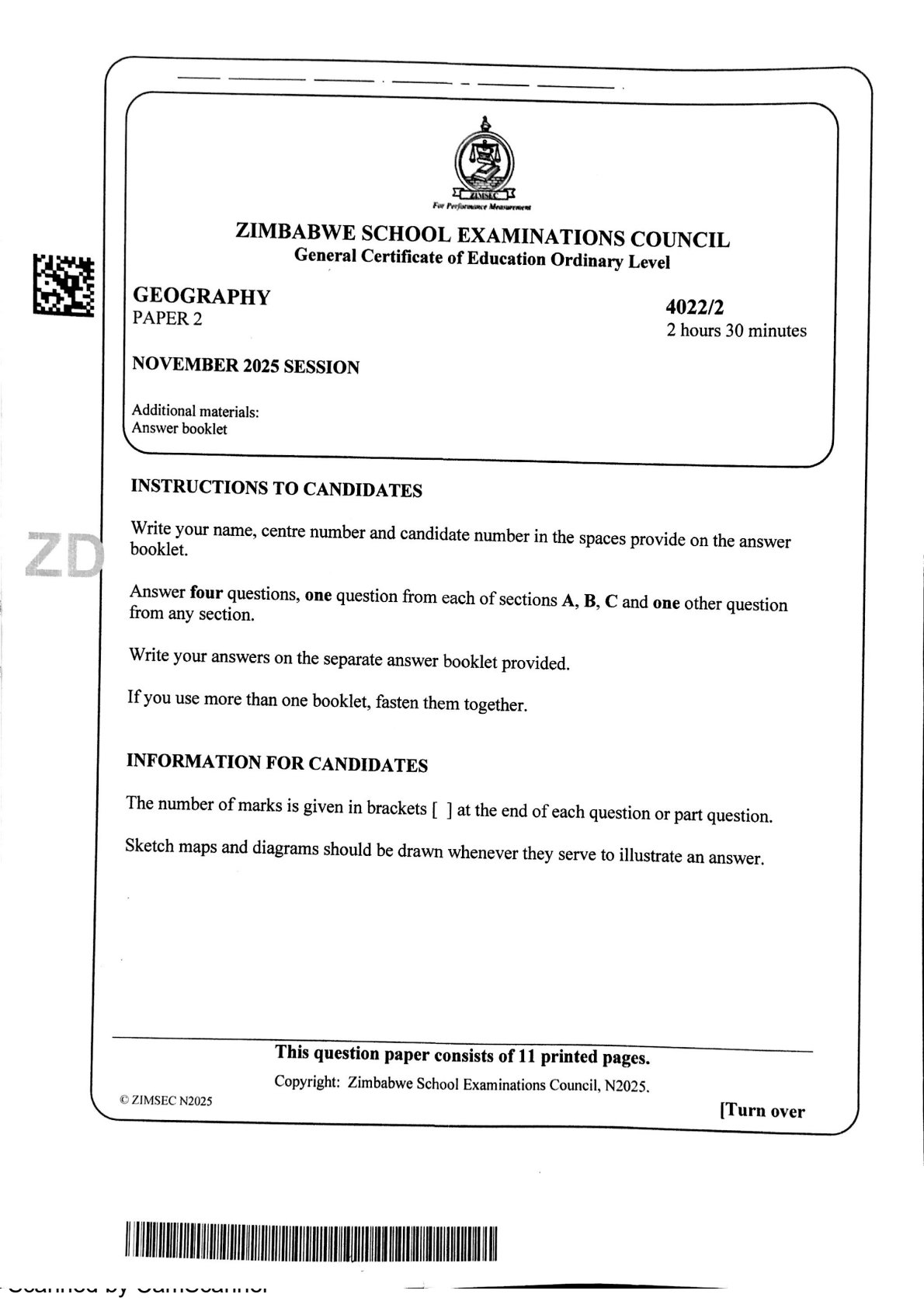 First page of ZIMSEC O-Level Geography Paper 2 November 2025 Question Paper