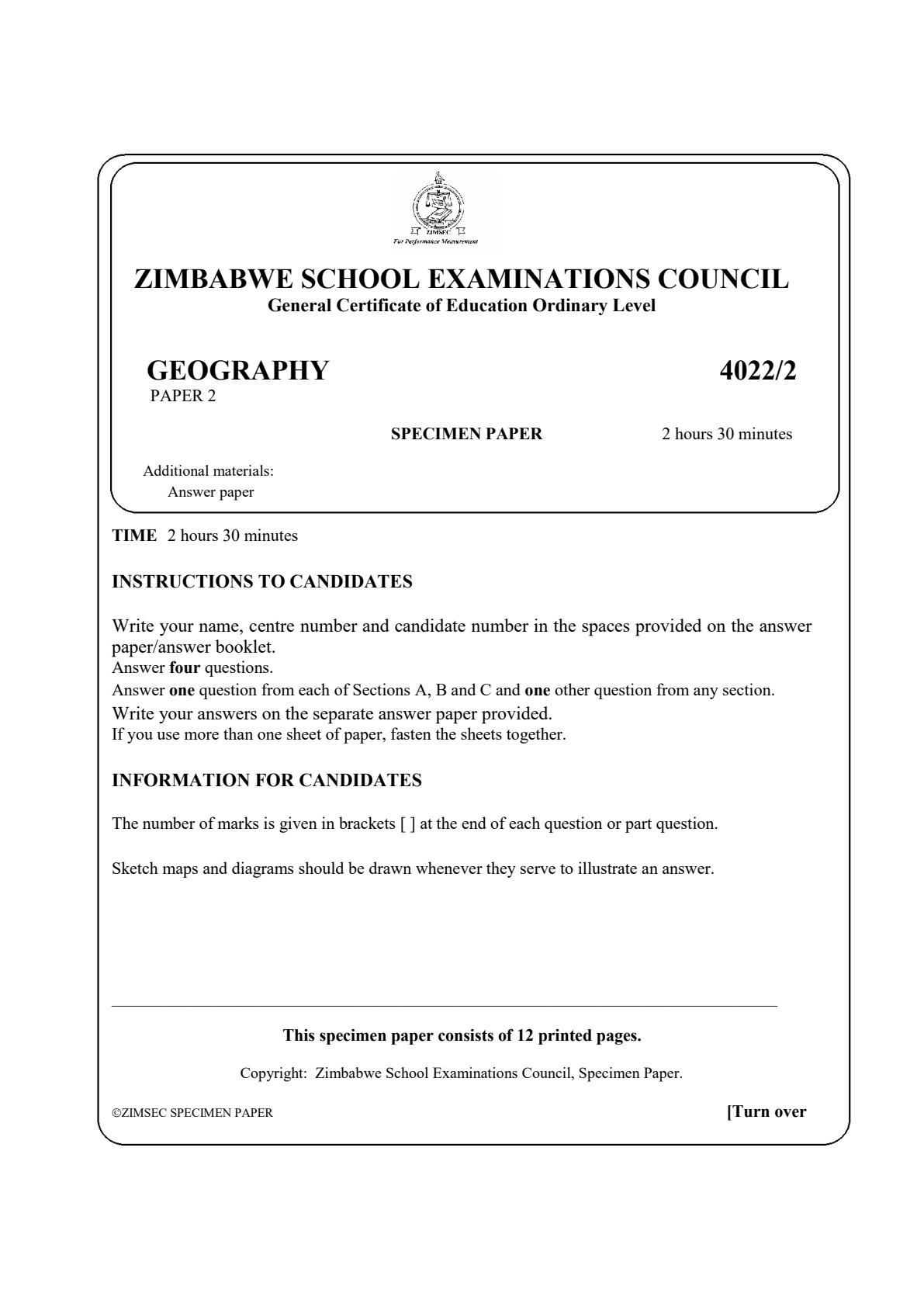 First page of ZIMSEC O-Level Geography Paper 2 Question Paper
