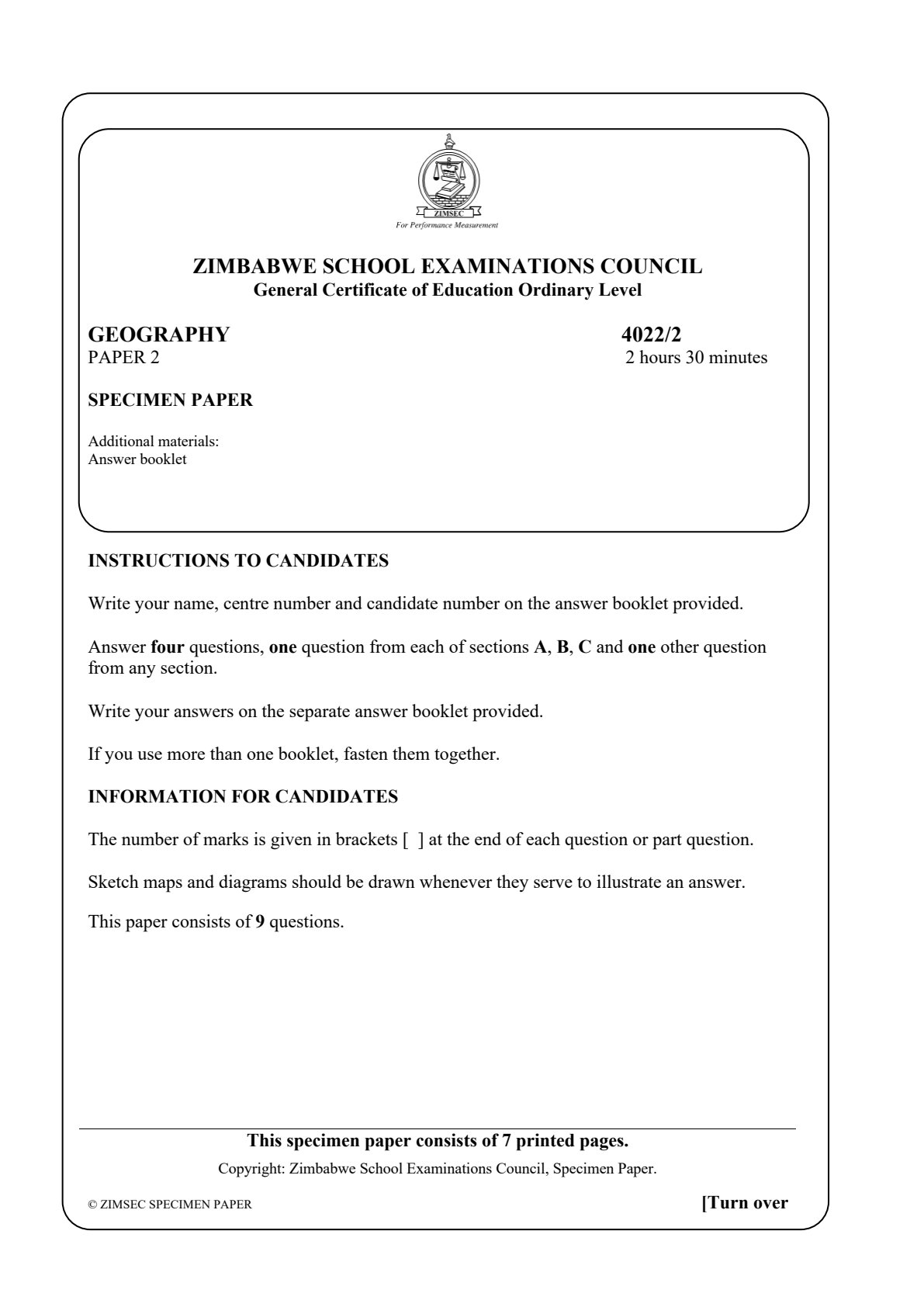 First page of ZIMSEC O-Level Geography Paper 2 Question Paper