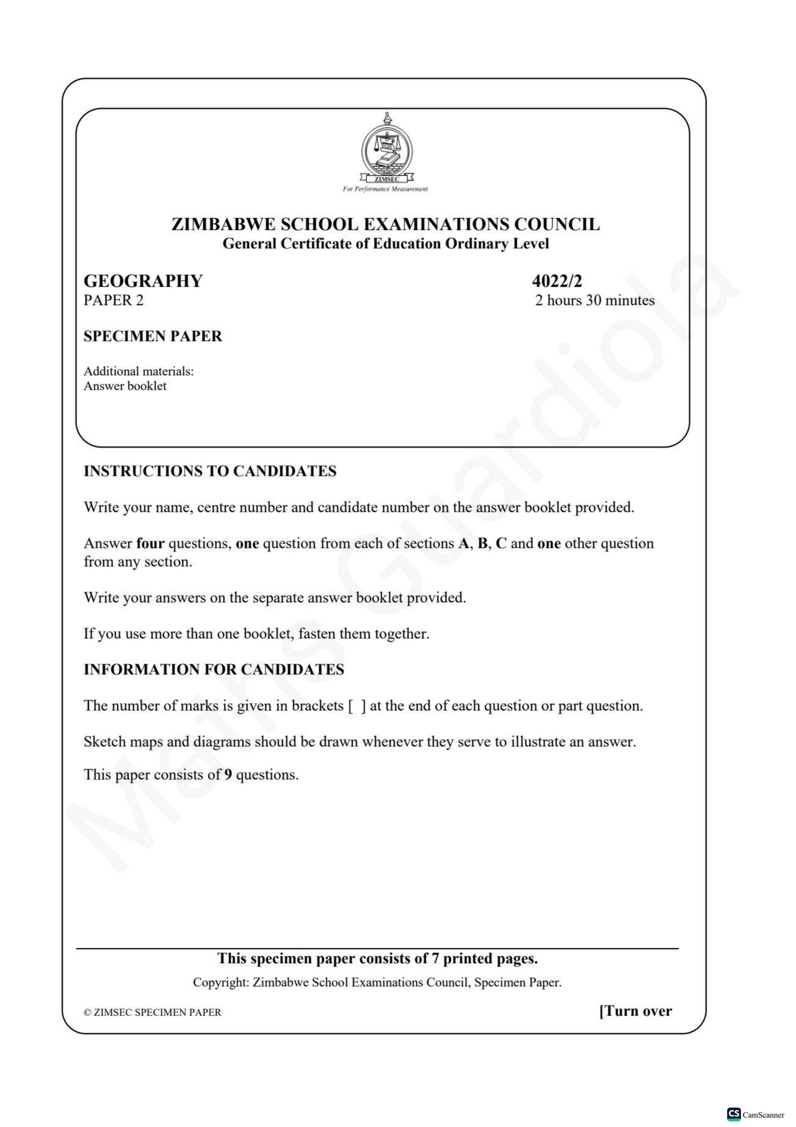 First page of ZIMSEC O-Level Geography Paper 2 Specimen Question Paper