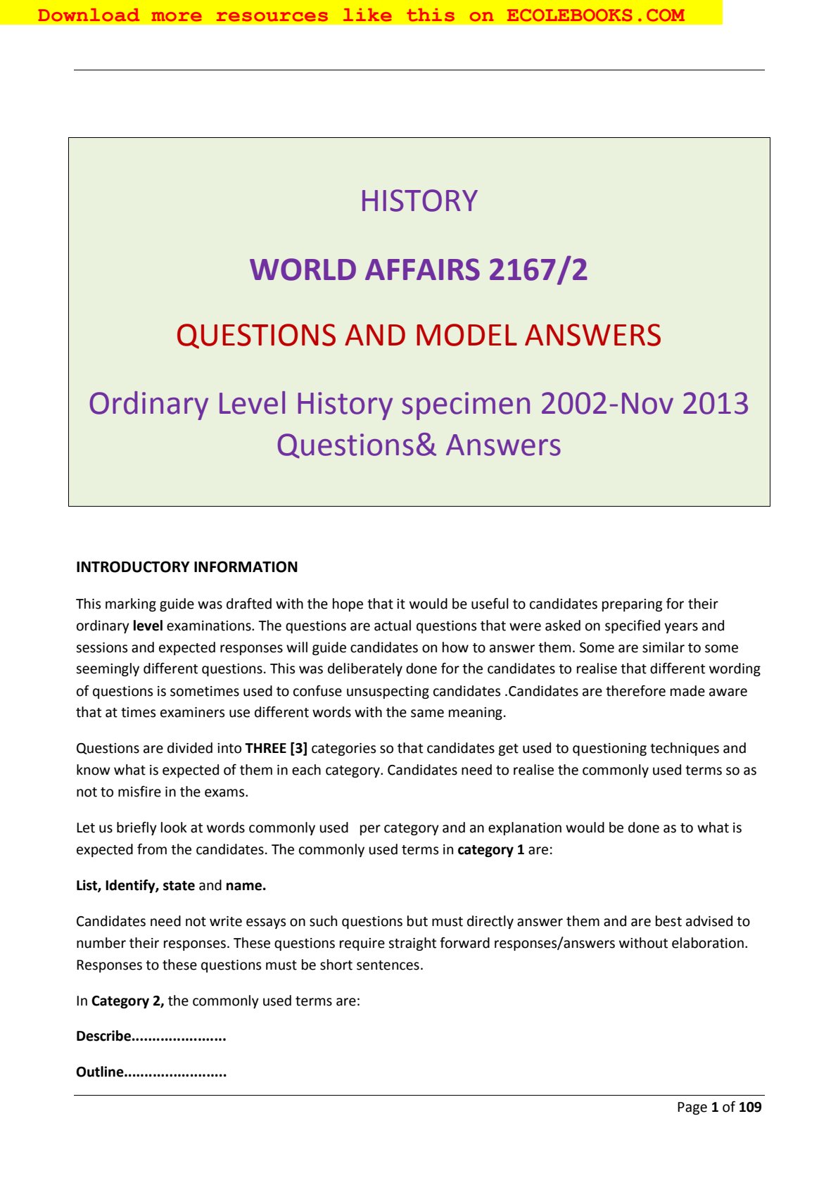 First page of ZIMSEC O-Level History Green Book 2002-2013 Study Guide