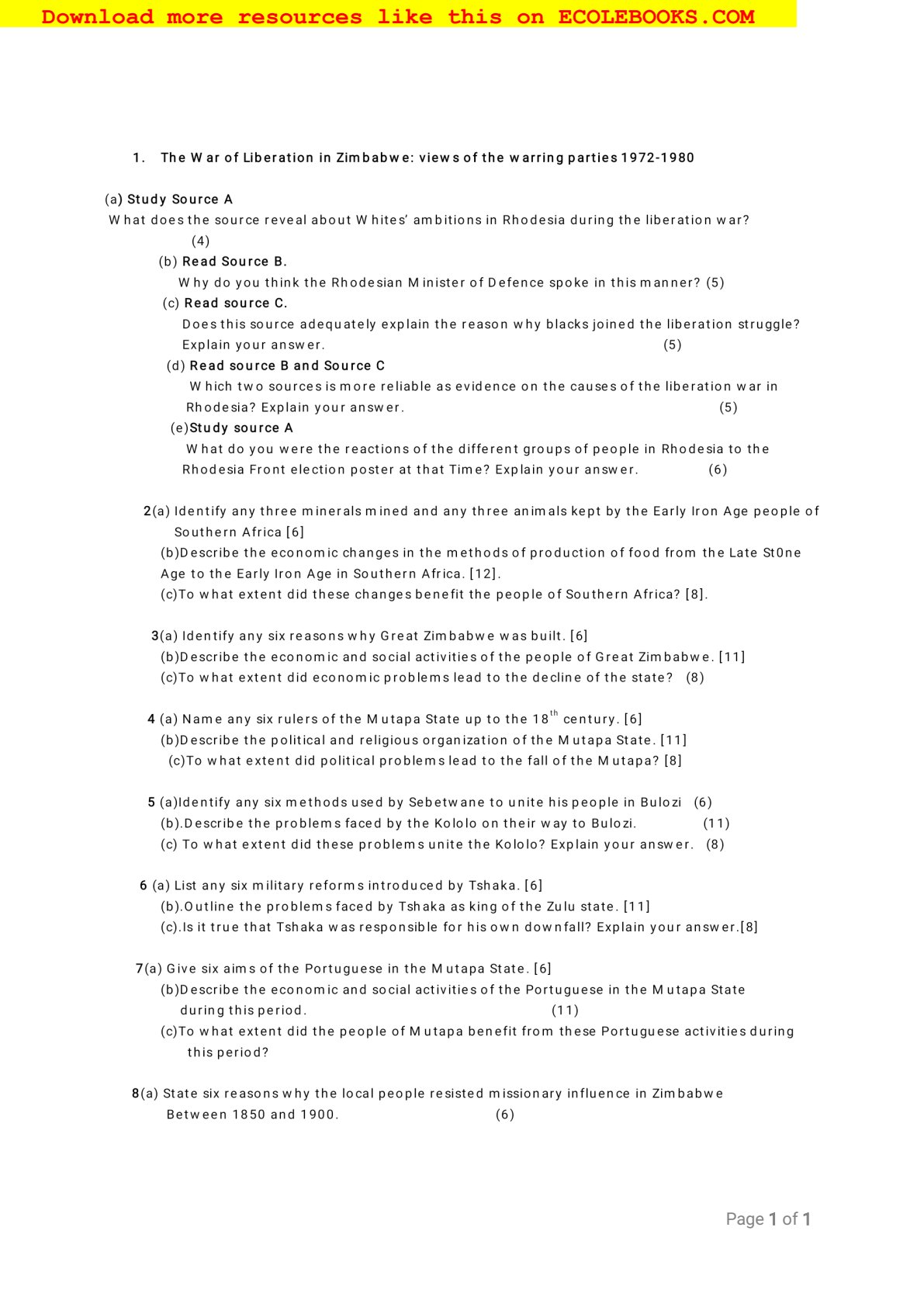 First page of ZIMSEC O-Level History Green Book Study Guide