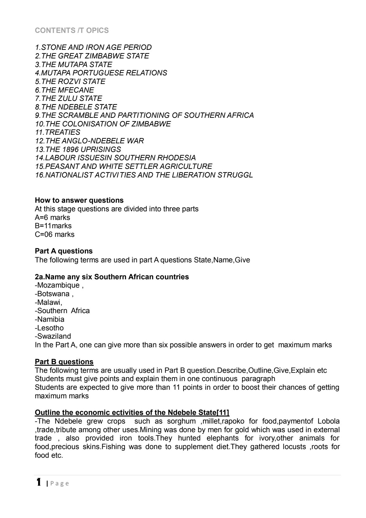 First page of ZIMSEC O-Level History Green Book Study Guide