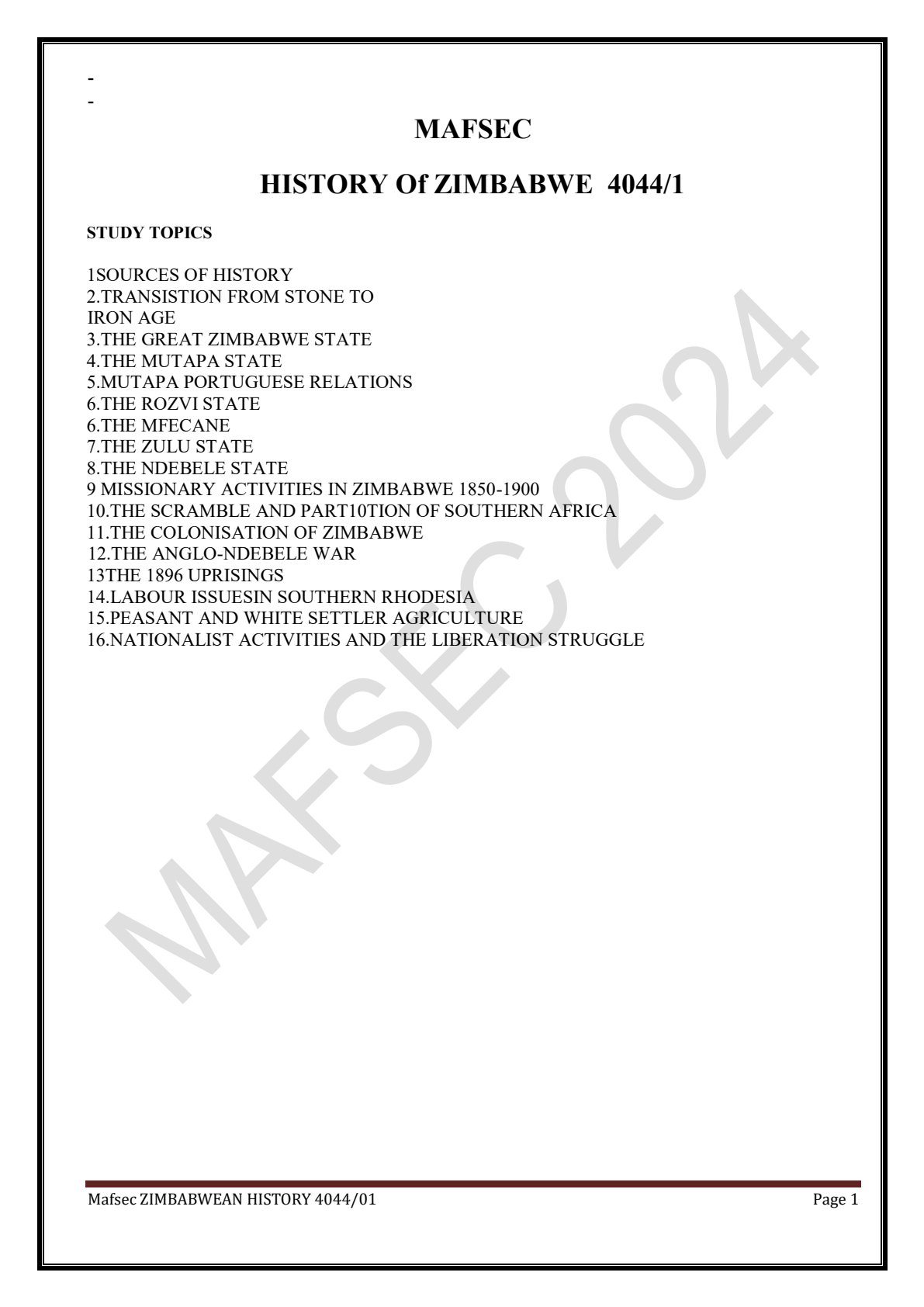 First page of ZIMSEC O-Level History MAFSEC Study Guide