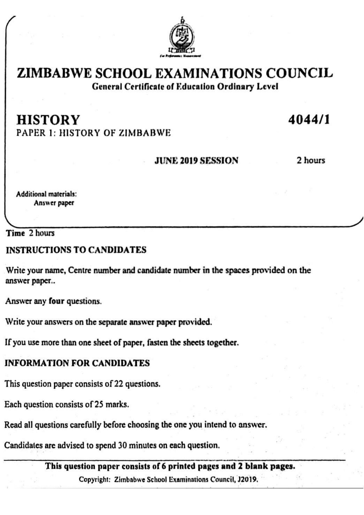 First page of ZIMSEC O-Level History Paper 1 June 2019 Question Paper