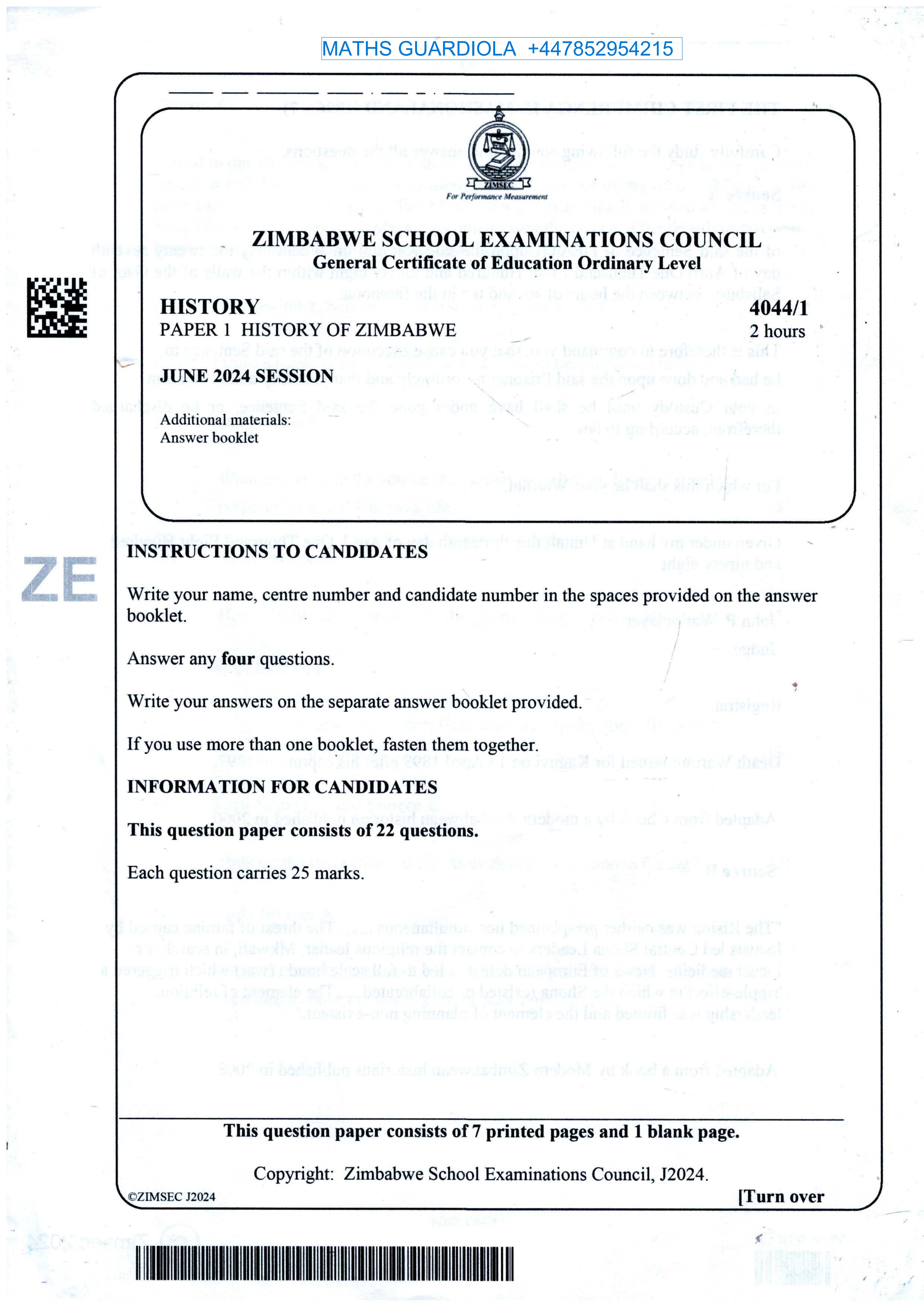 First page of ZIMSEC O-Level History Paper 1 June 2024 Question Paper