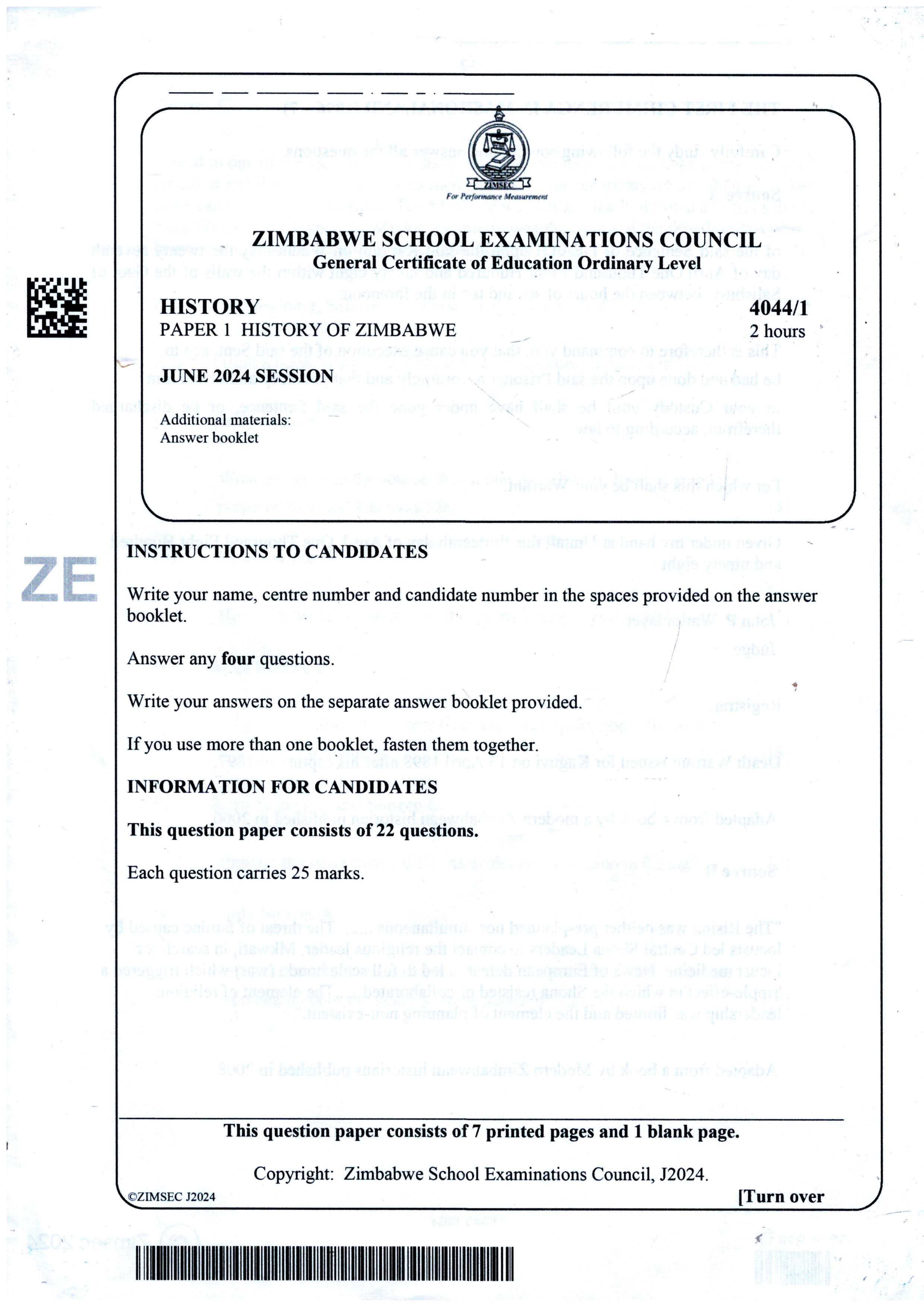 First page of ZIMSEC O-Level History Paper 1 June 2024 Question Paper