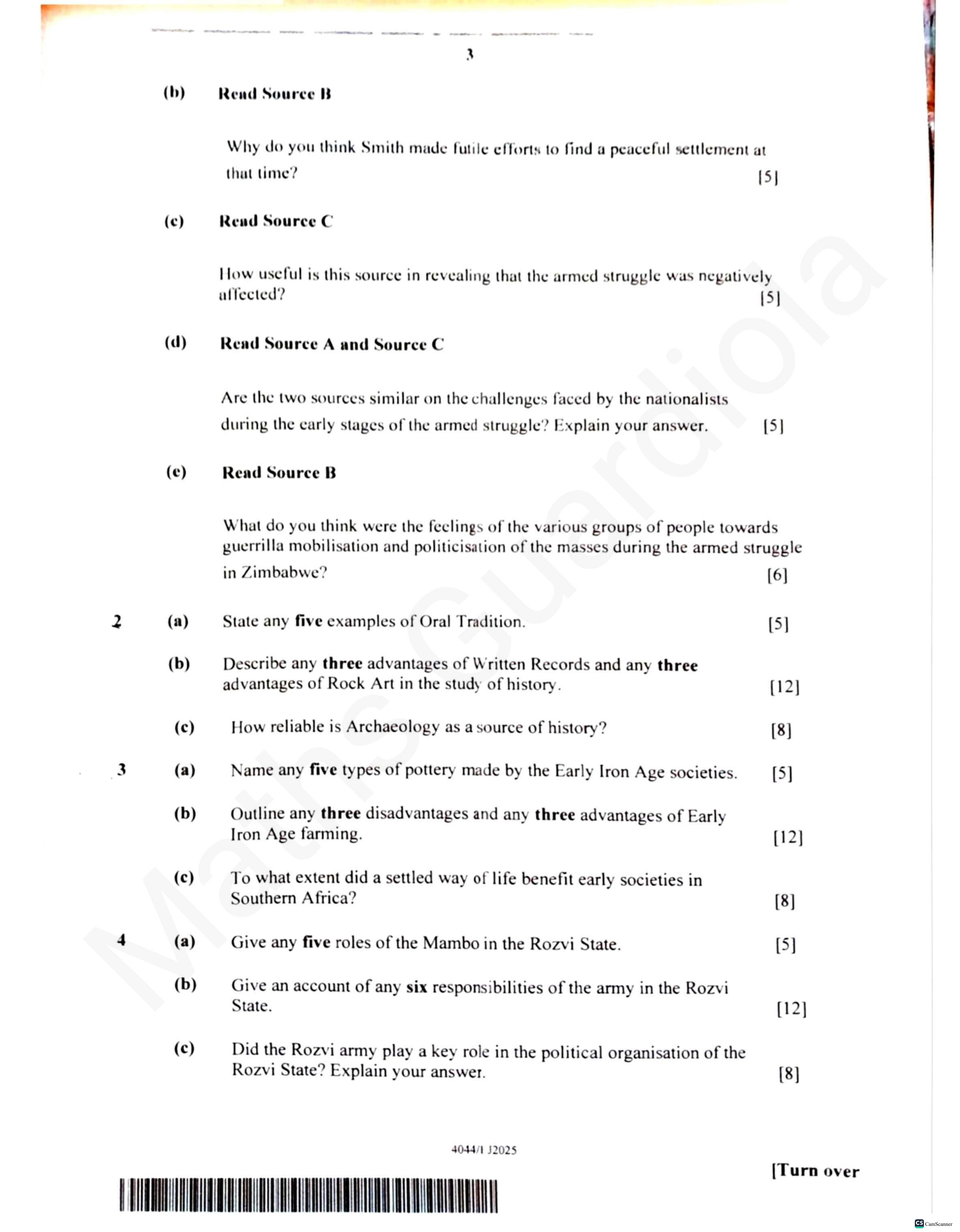 First page of ZIMSEC O-Level History Paper 1 June 2025 Question Paper