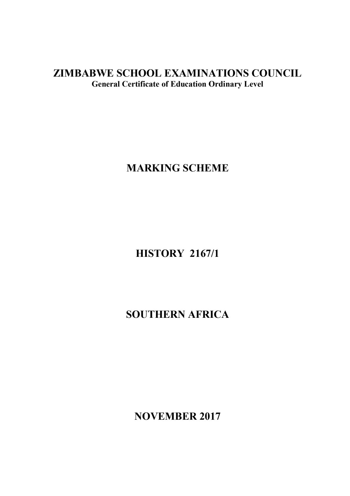 First page of ZIMSEC O-Level History Paper 1 November 2017 Marking Scheme