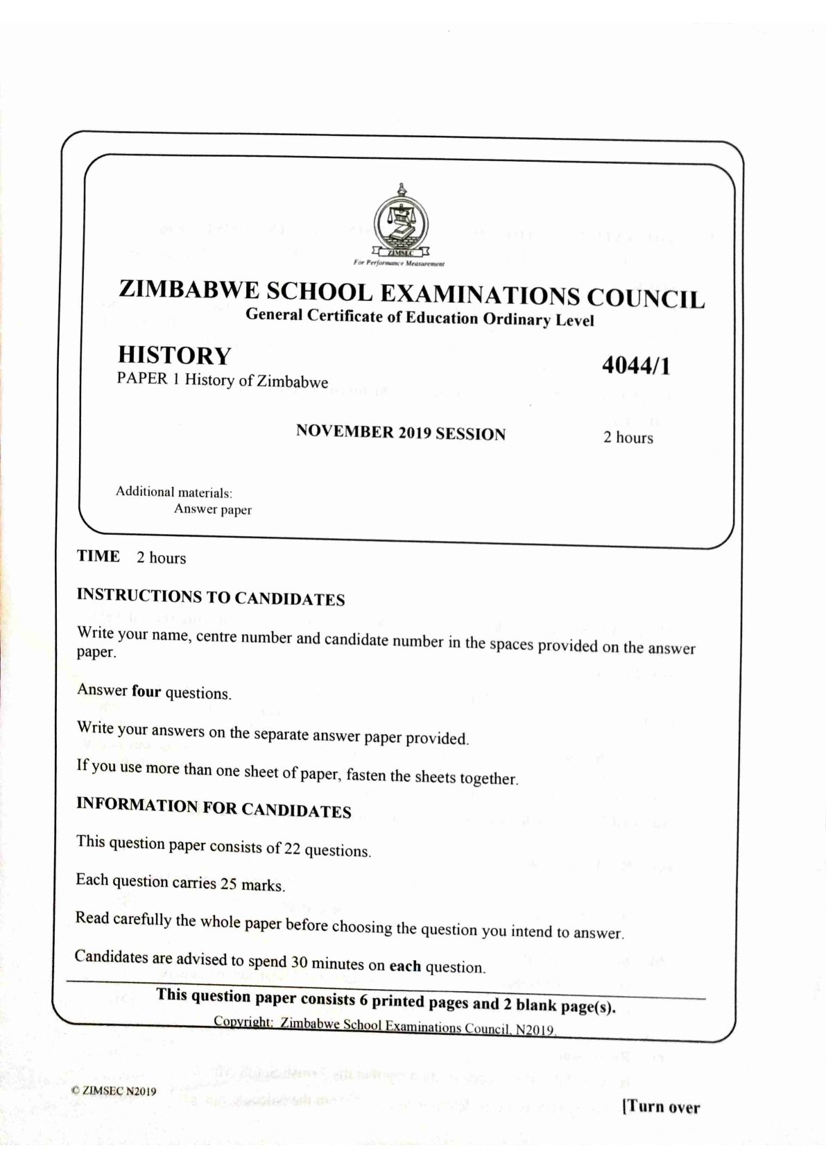 First page of ZIMSEC O-Level History Paper 1 November 2019 Question Paper