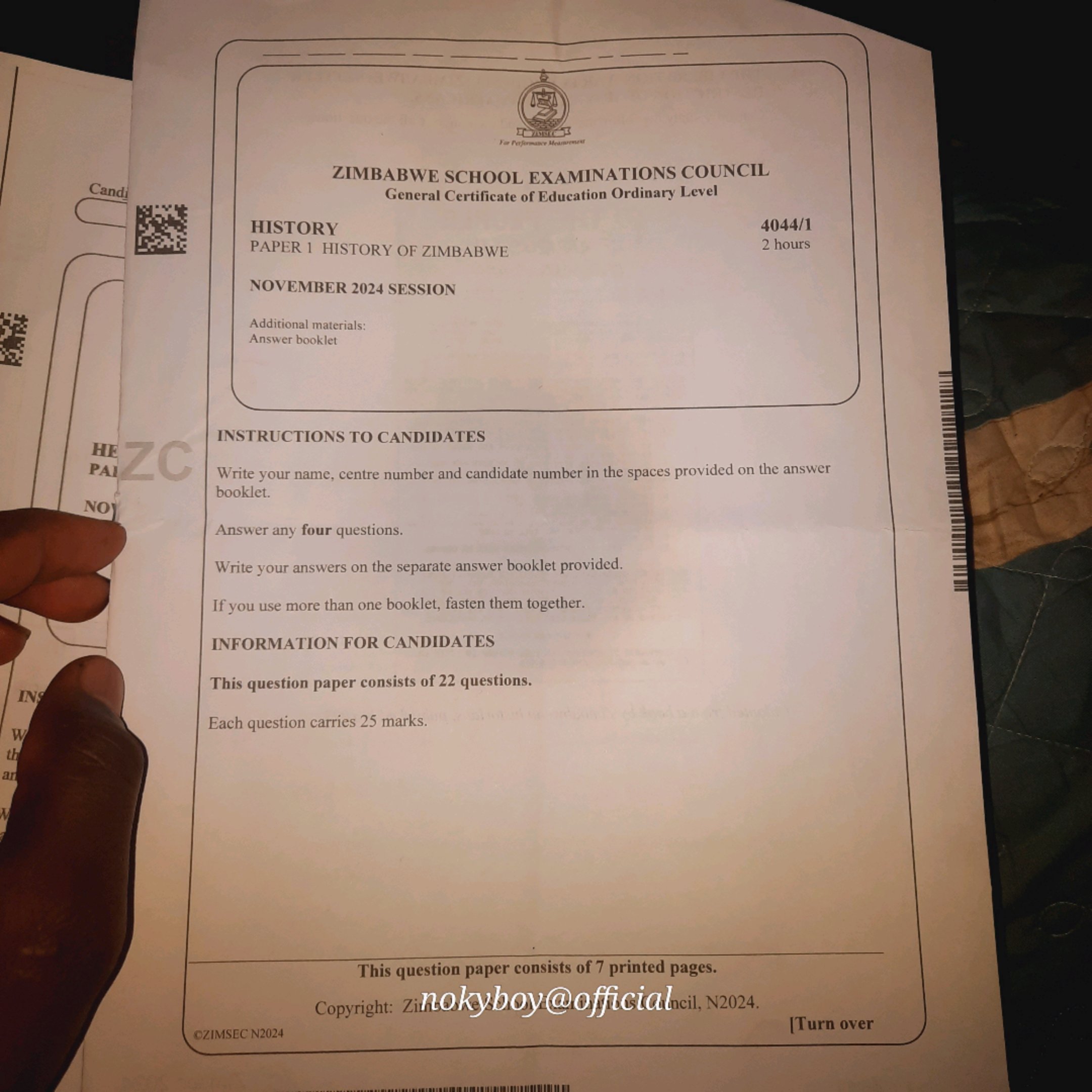 First page of ZIMSEC O-Level History Paper 1 November 2024 Question Paper