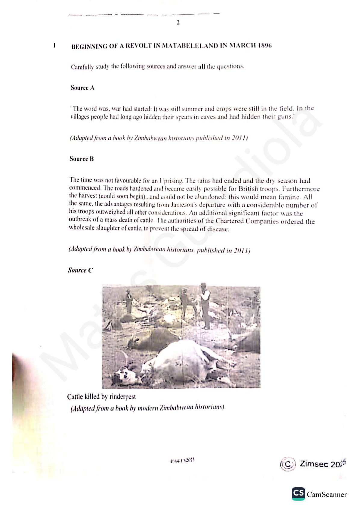 First page of ZIMSEC O-Level History Paper 1 November 2025 Question Paper