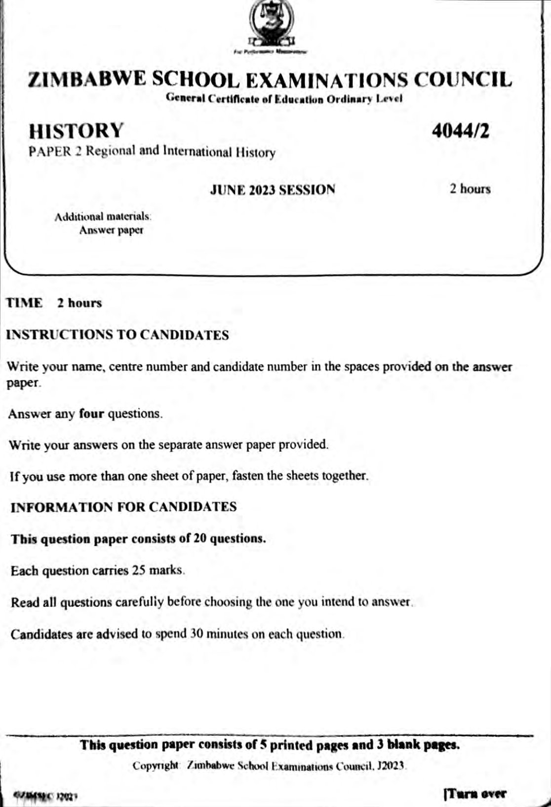 First page of ZIMSEC O-Level History Paper 2 June 2023 Question Paper