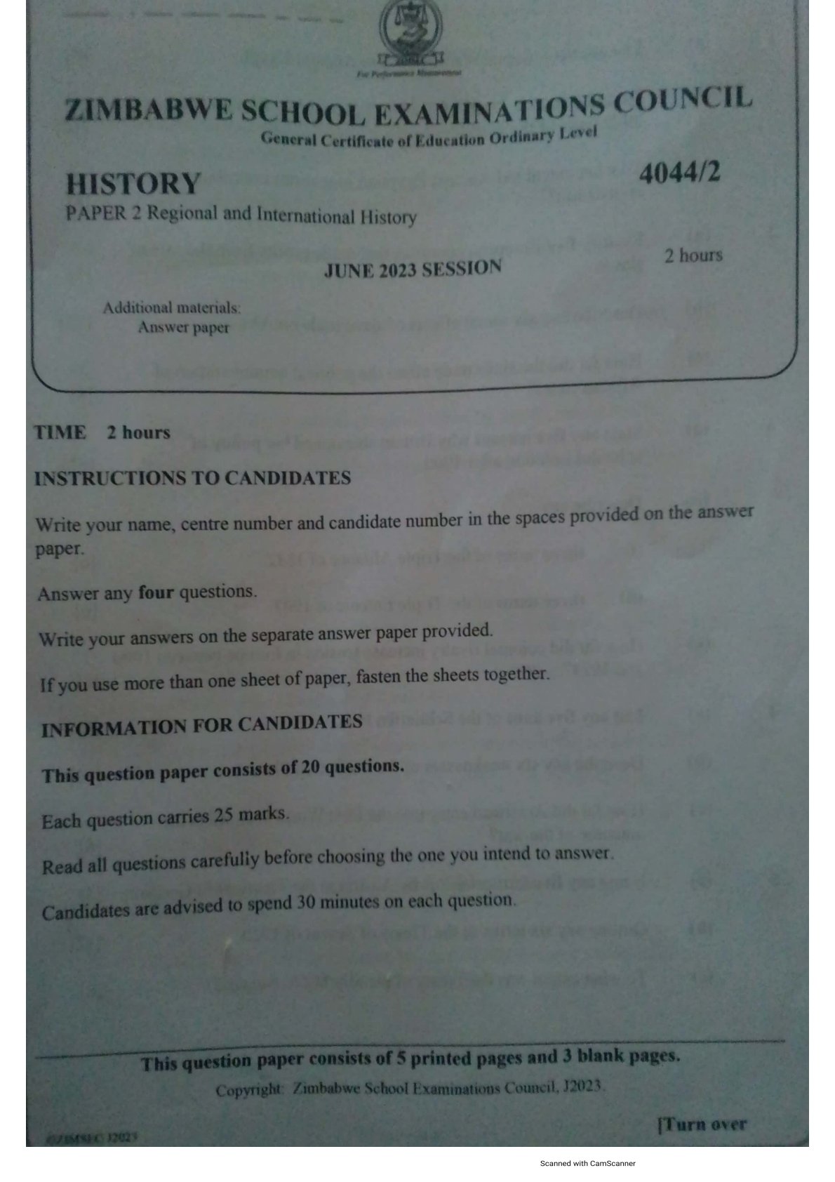 First page of ZIMSEC O-Level History Paper 2 June 2023 Question Paper