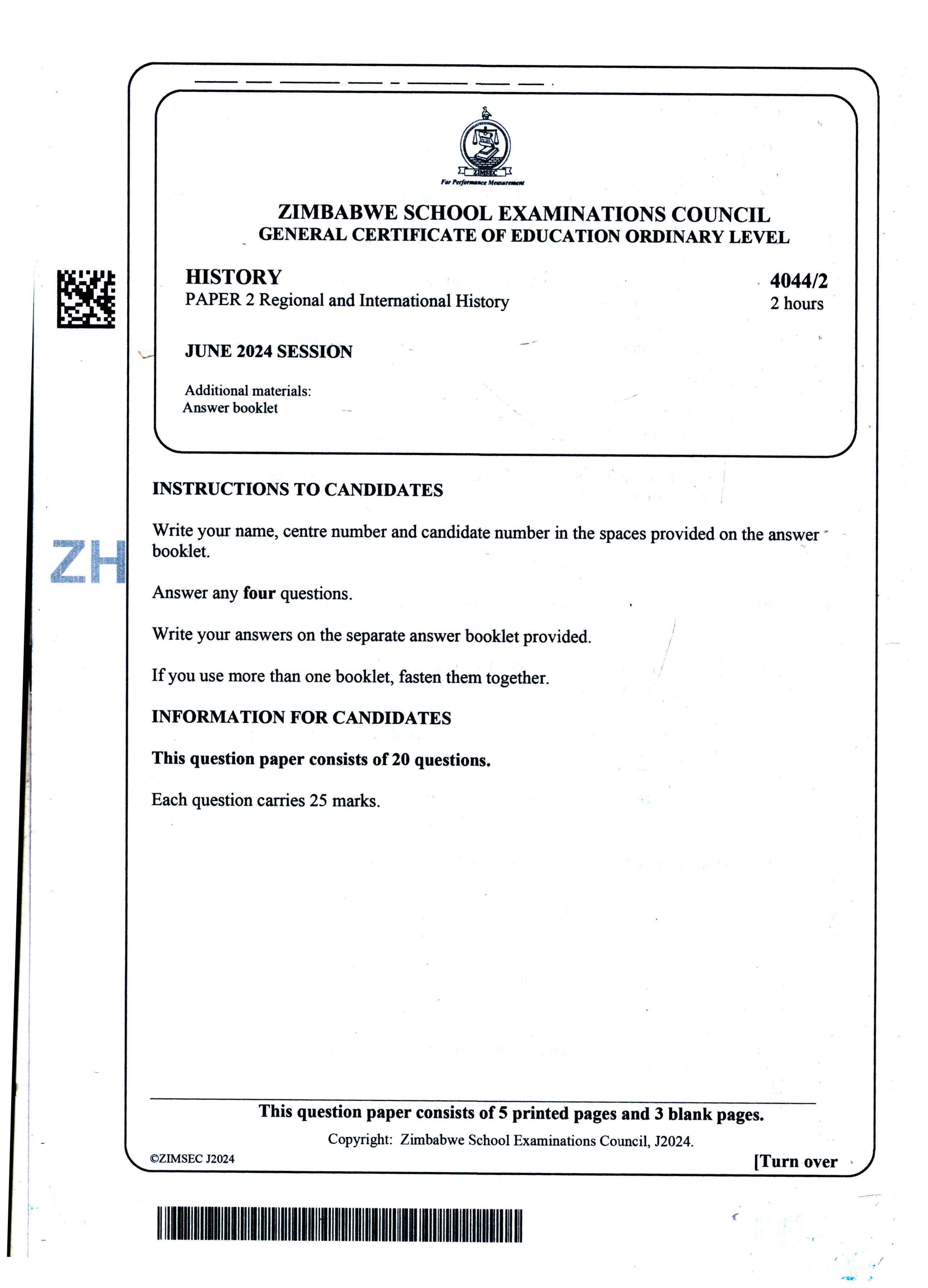 First page of ZIMSEC O-Level History Paper 2 June 2024 Question Paper