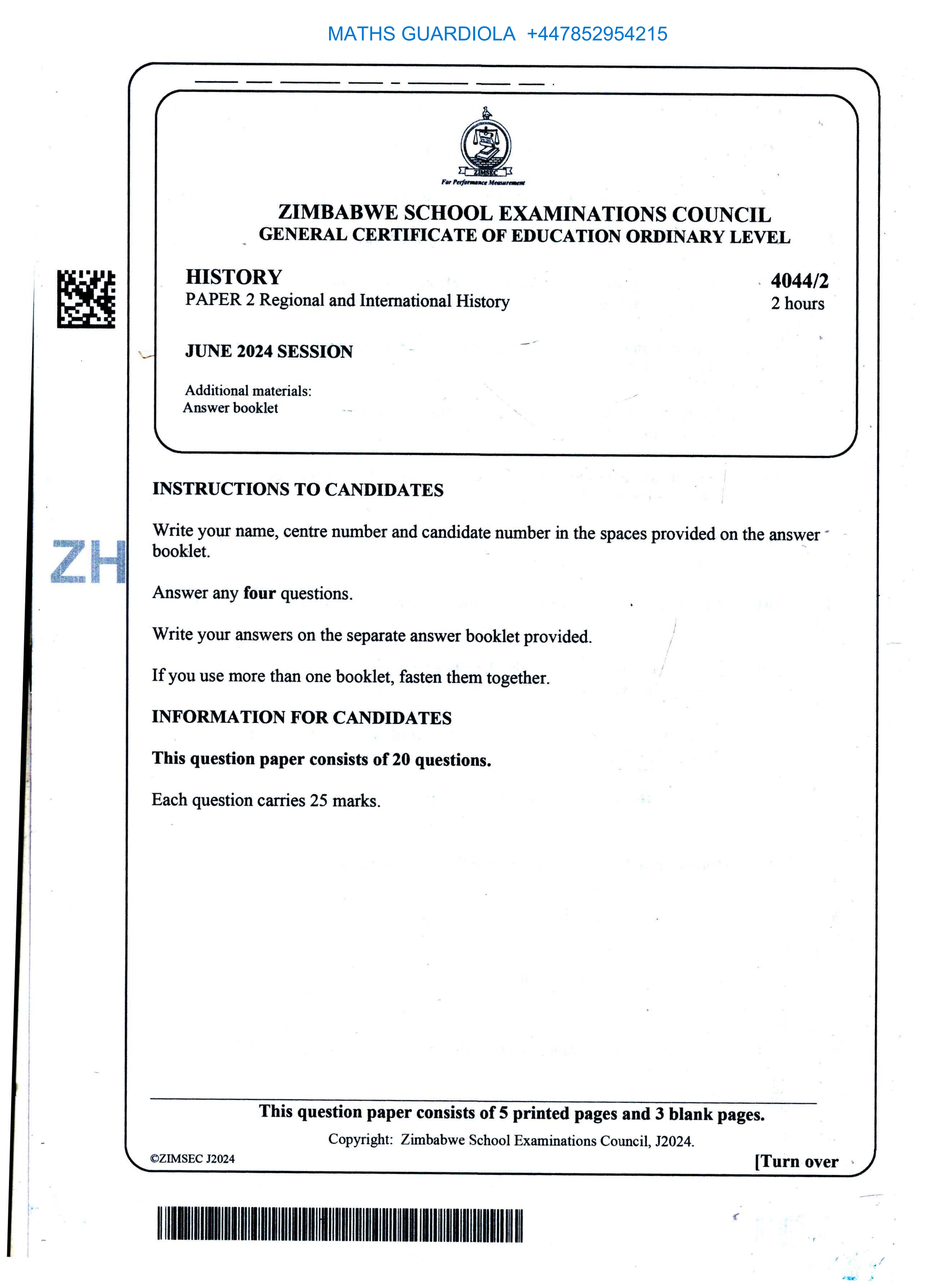 First page of ZIMSEC O-Level History Paper 2 June 2024 Question Paper