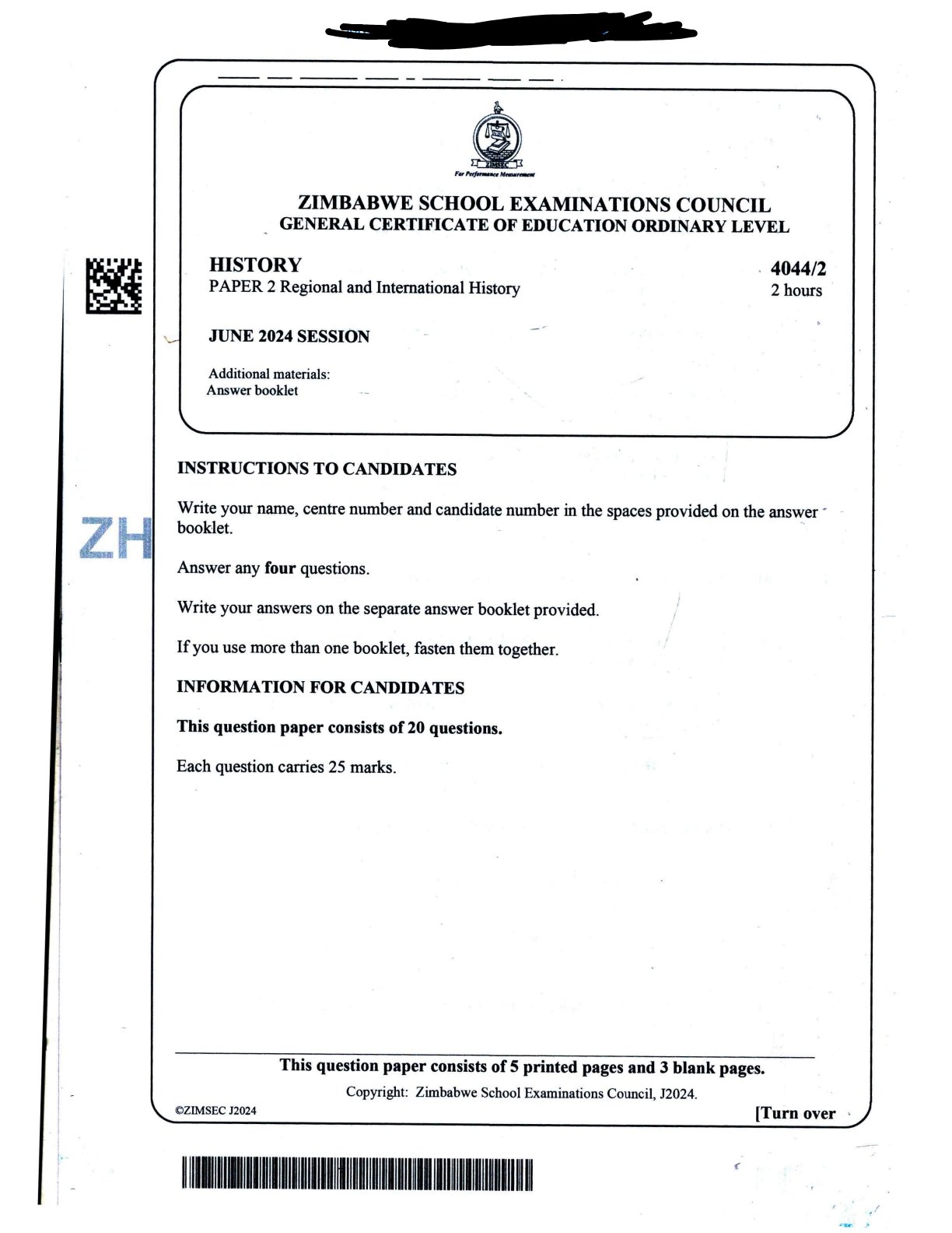 First page of ZIMSEC O-Level History Paper 2 June 2024 Question Paper