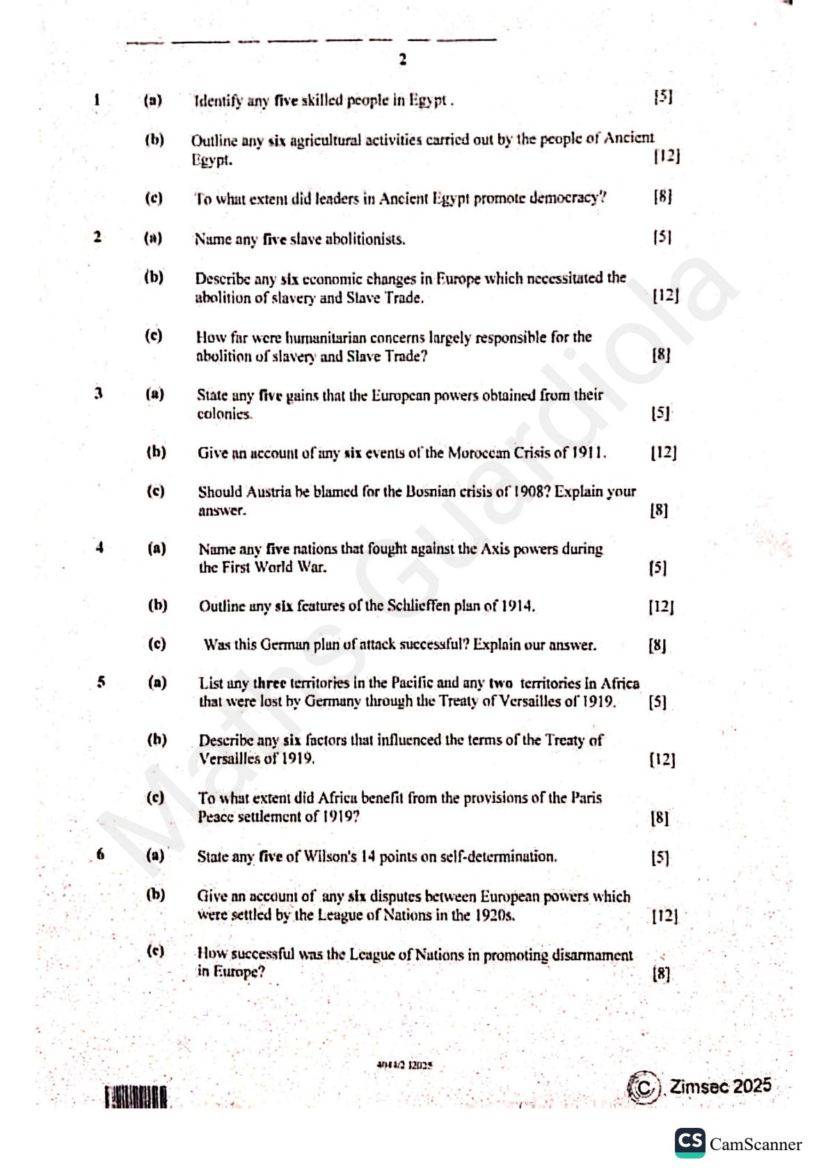 First page of ZIMSEC O-Level History Paper 2 June 2025 Question Paper