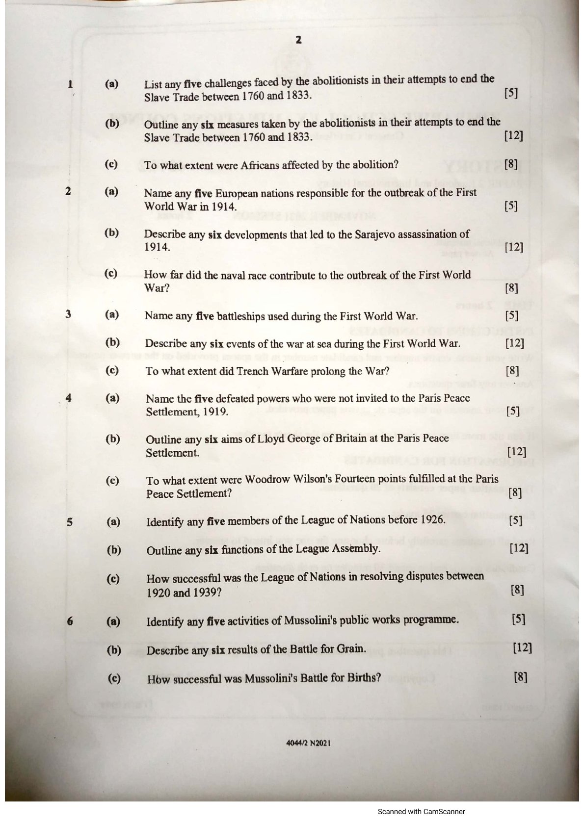 First page of ZIMSEC O-Level History Paper 2 November 2021 Question Paper