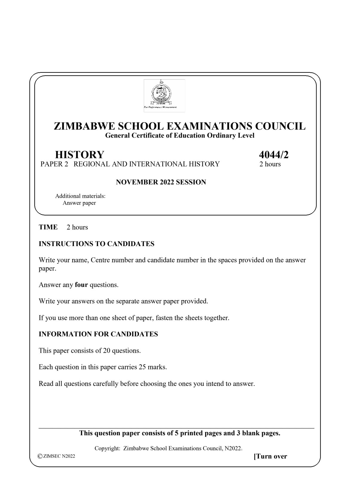 First page of ZIMSEC O-Level History Paper 2 November 2022 Question Paper