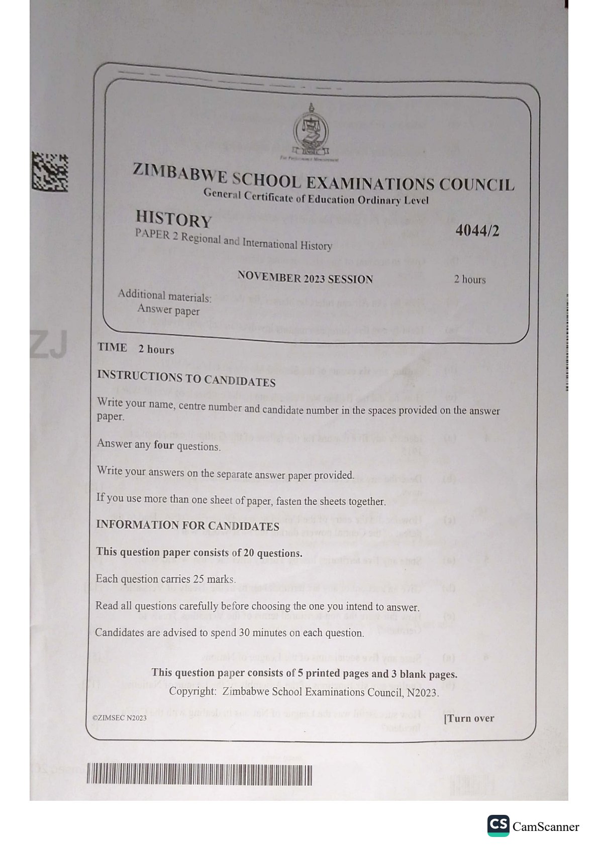 First page of ZIMSEC O-Level History Paper 2 November 2023 Question Paper