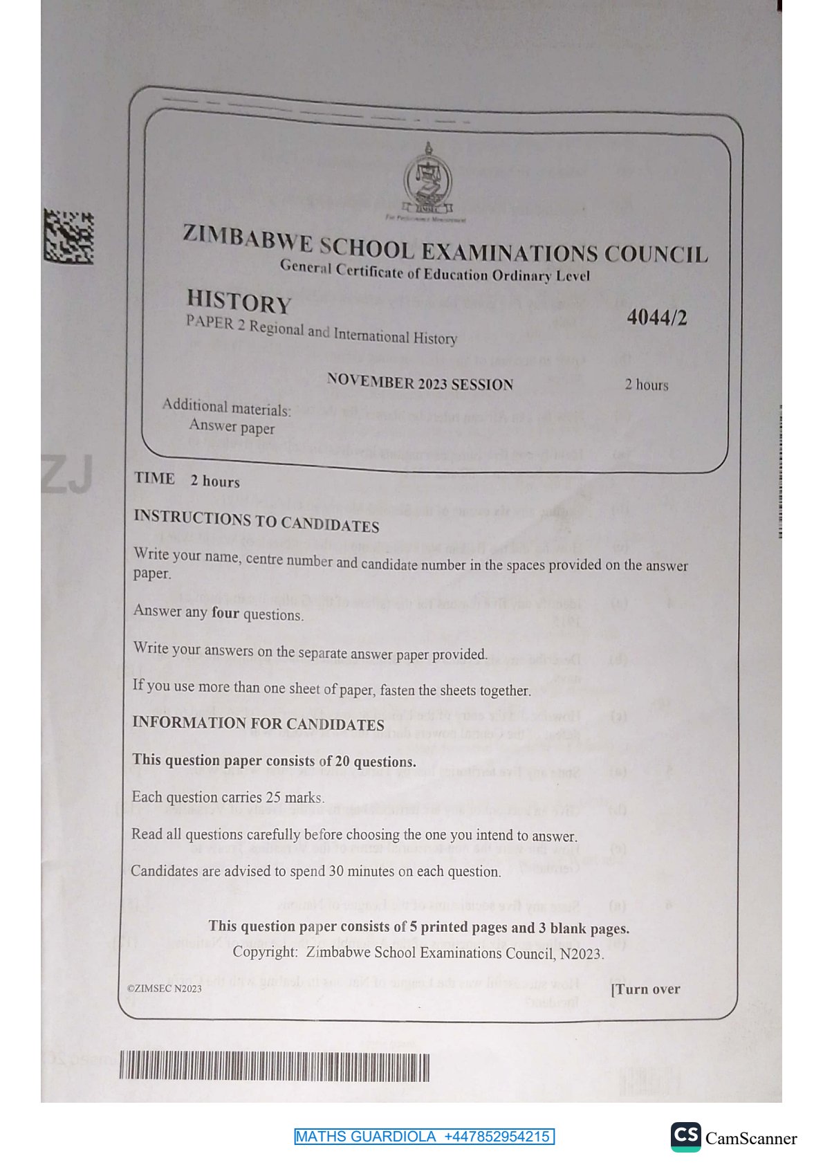 First page of ZIMSEC O-Level History Paper 2 November 2023 Question Paper
