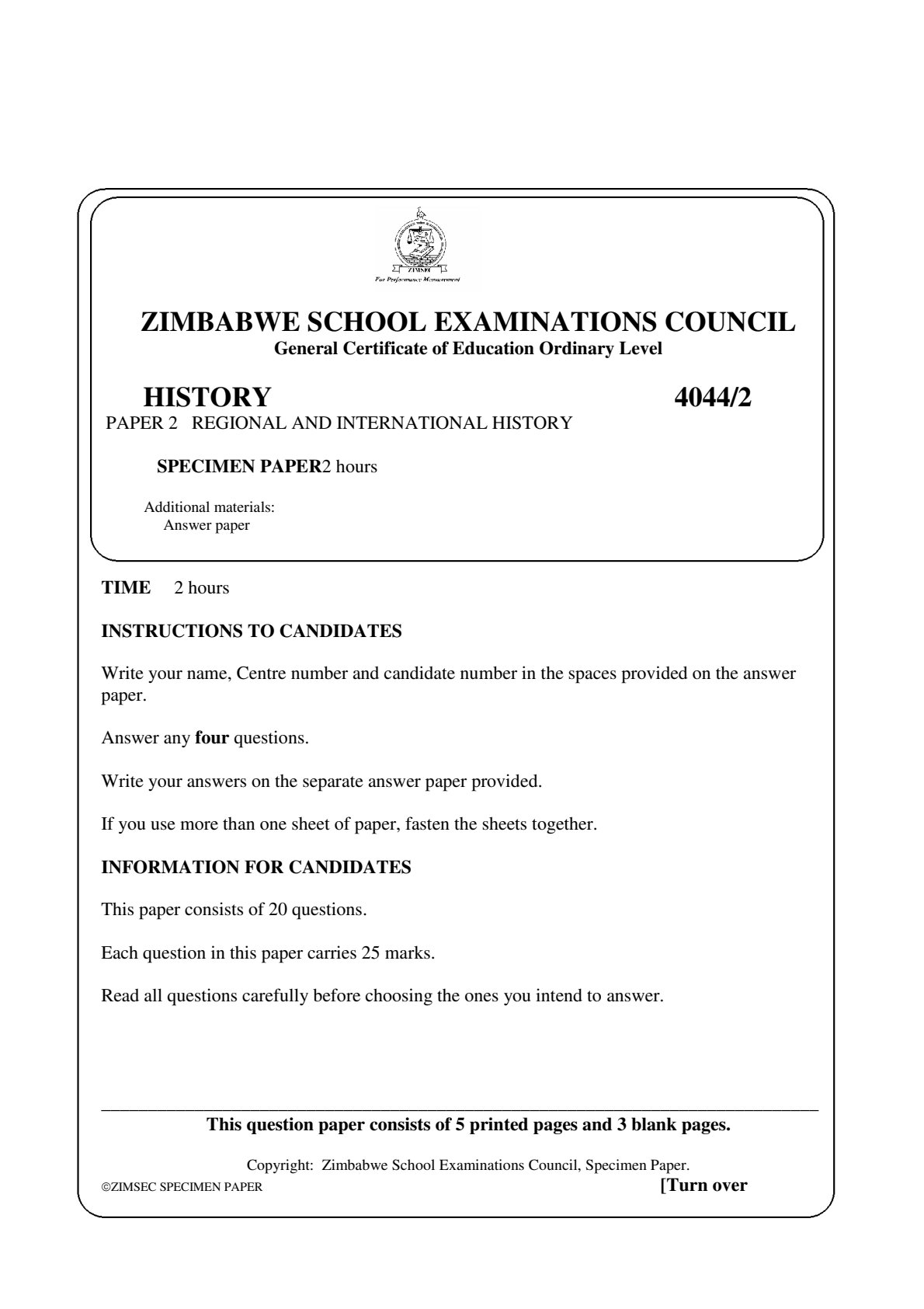 First page of ZIMSEC O-Level History Paper 2 Question Paper