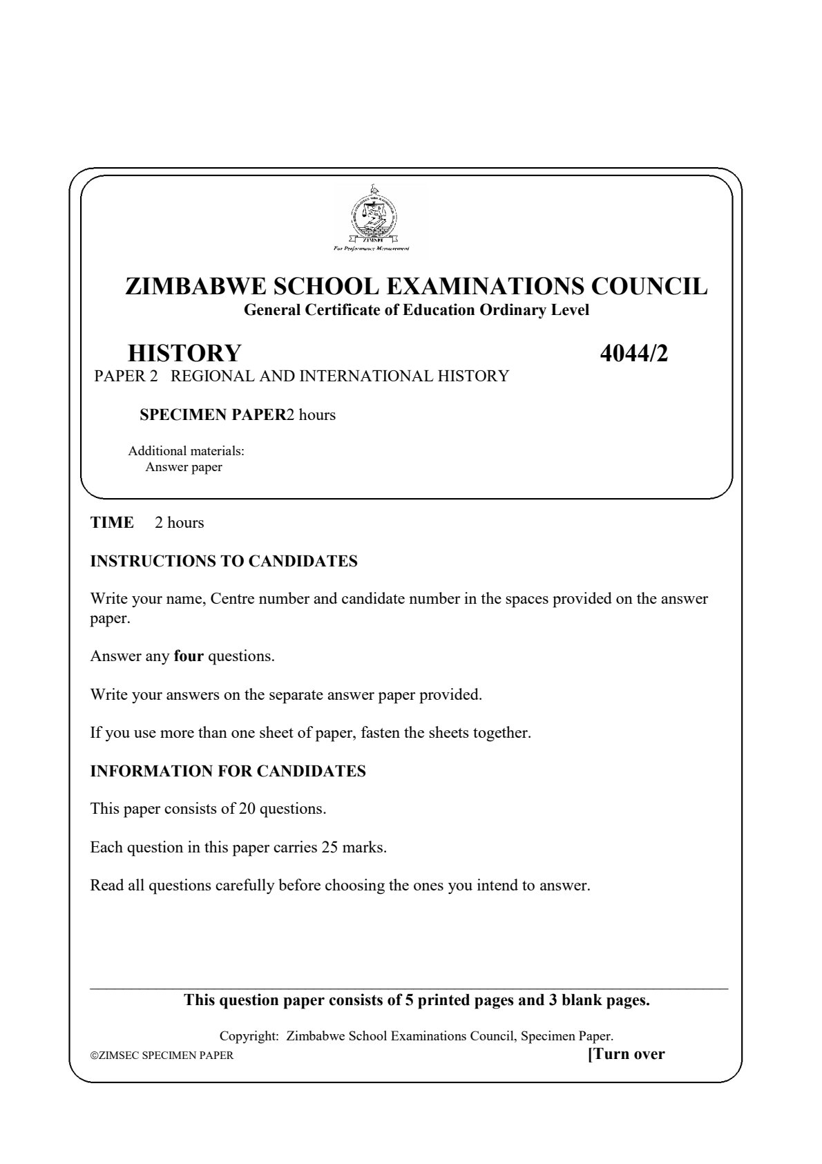 First page of ZIMSEC O-Level History Paper 2 Specimen Question Paper
