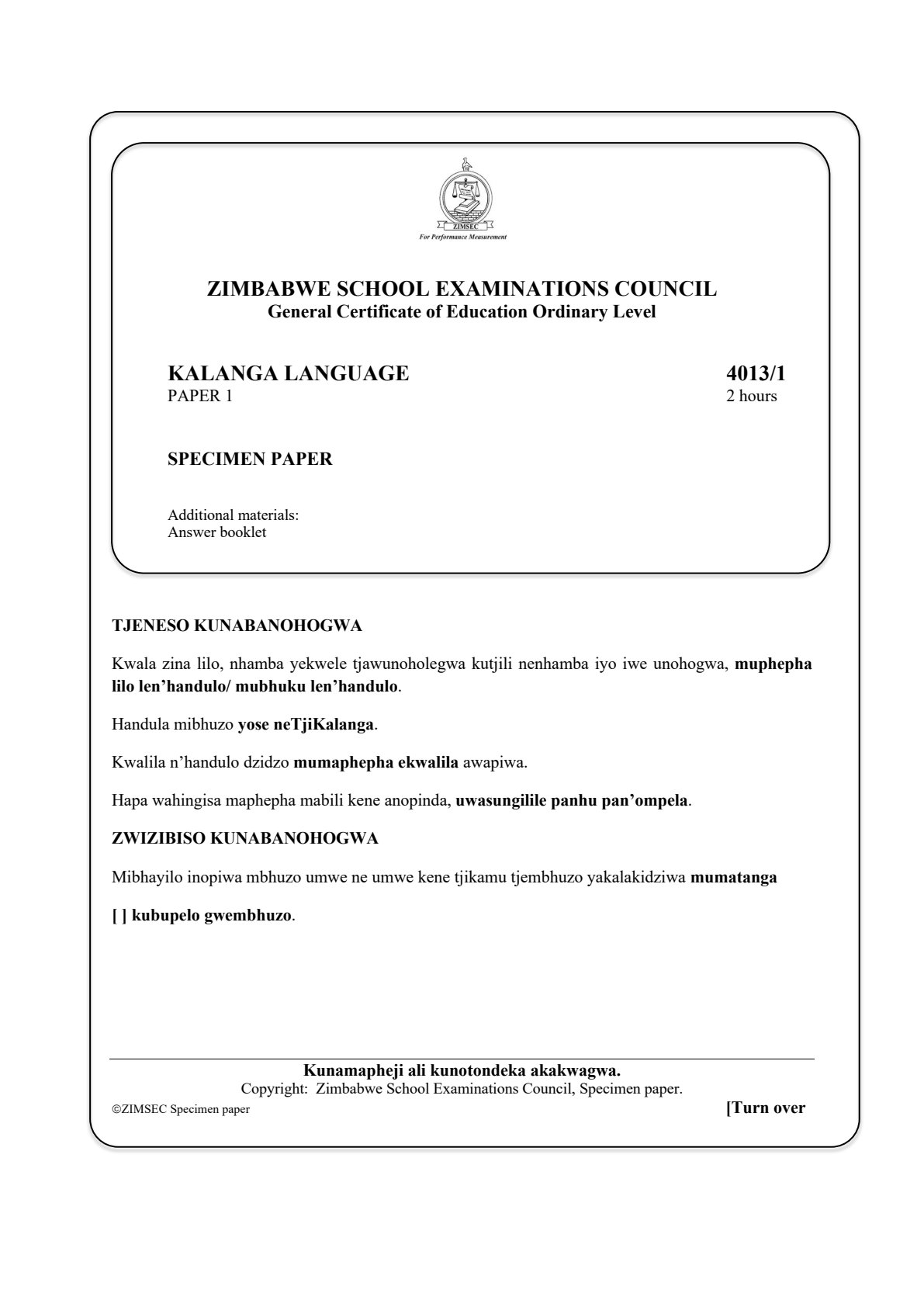 First page of ZIMSEC O-Level Kalanga Language Paper 1 Question Paper