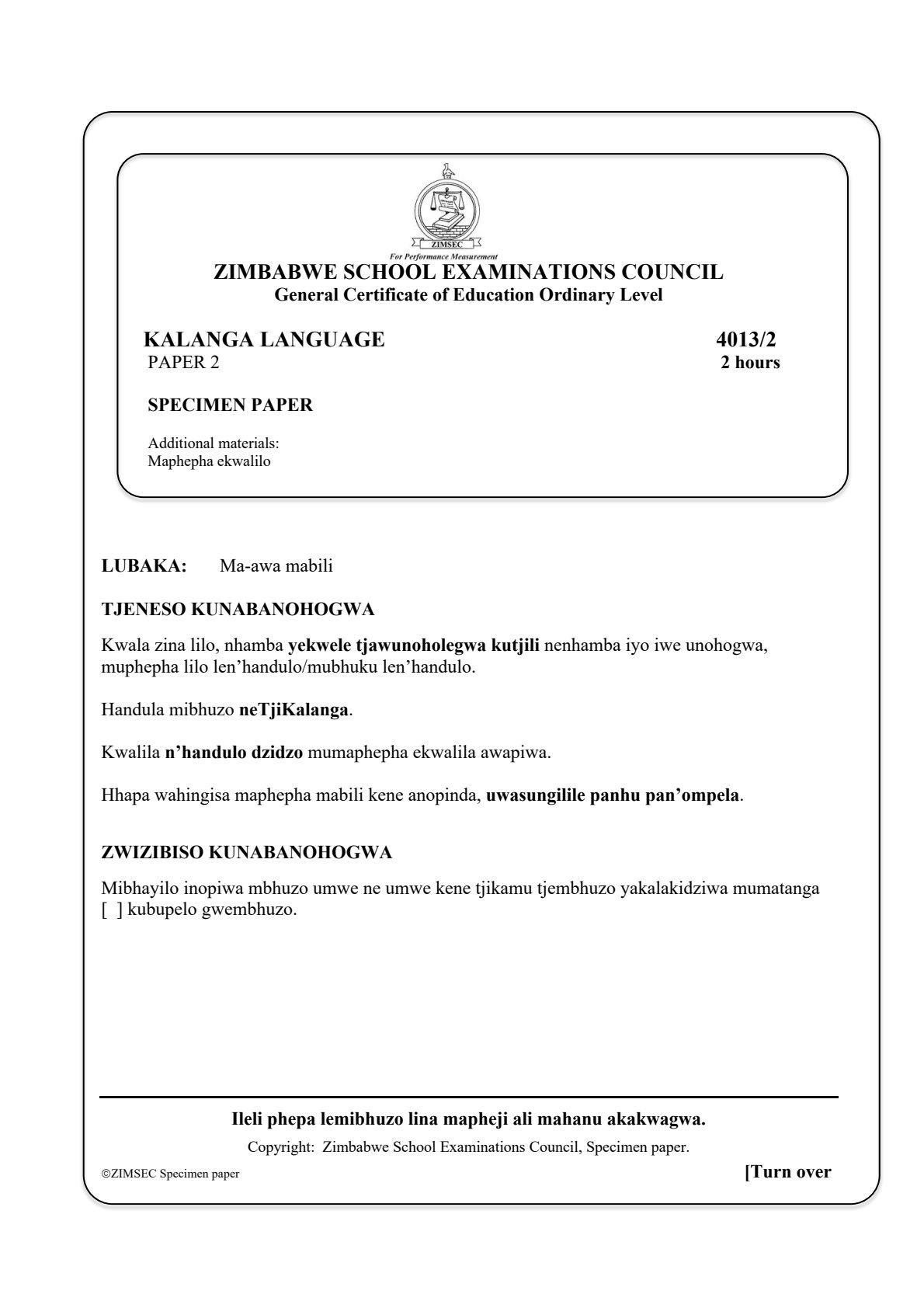 First page of ZIMSEC O-Level Kalanga Language Paper 2 Question Paper