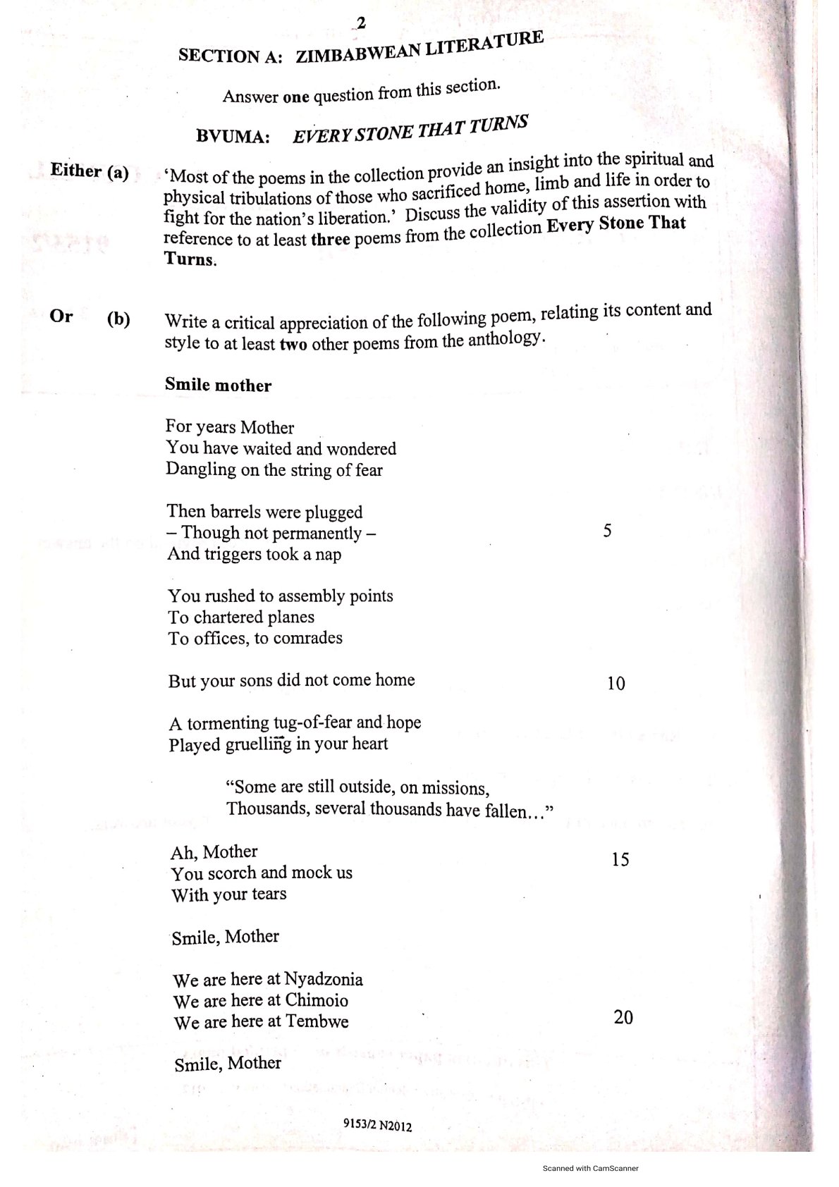 First page of ZIMSEC O-Level Literature in English Paper 2 November 2012 Question Paper