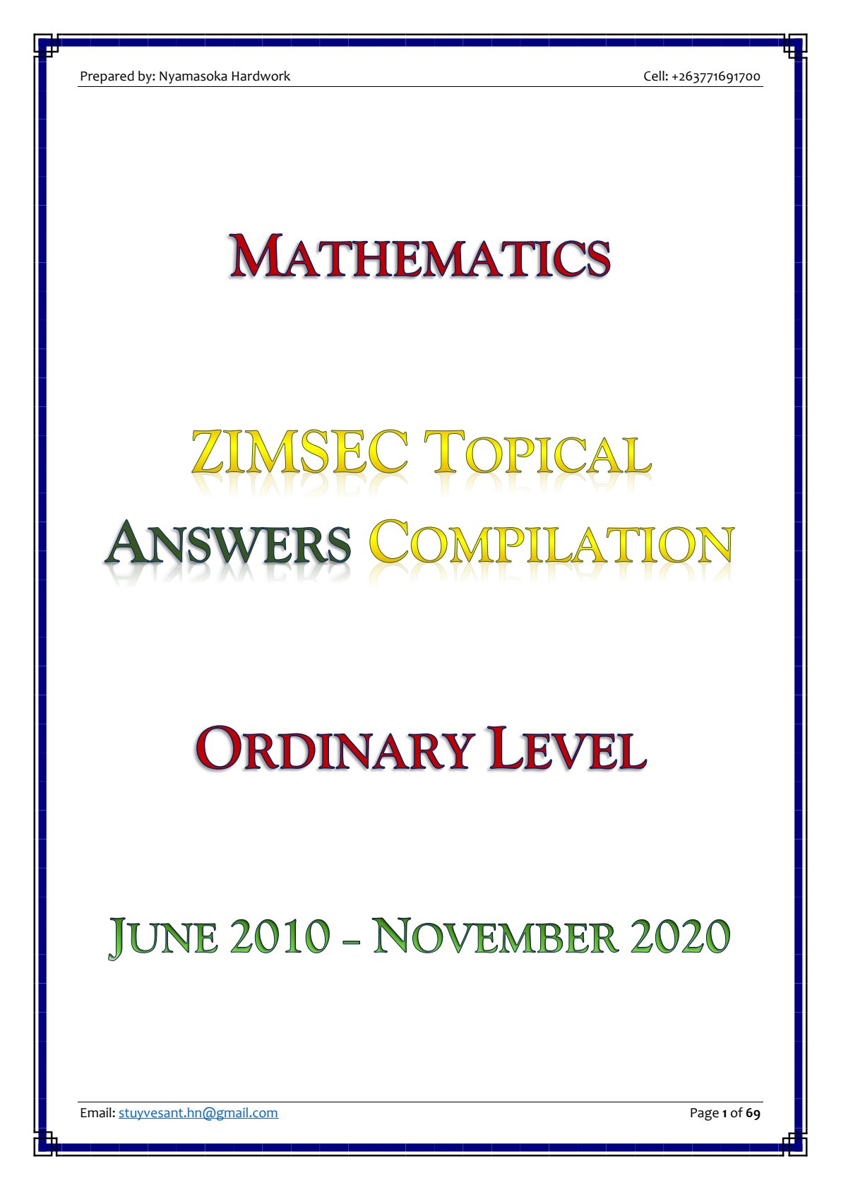 First page of ZIMSEC O-Level Mathematics 2010-2020 Study Guide