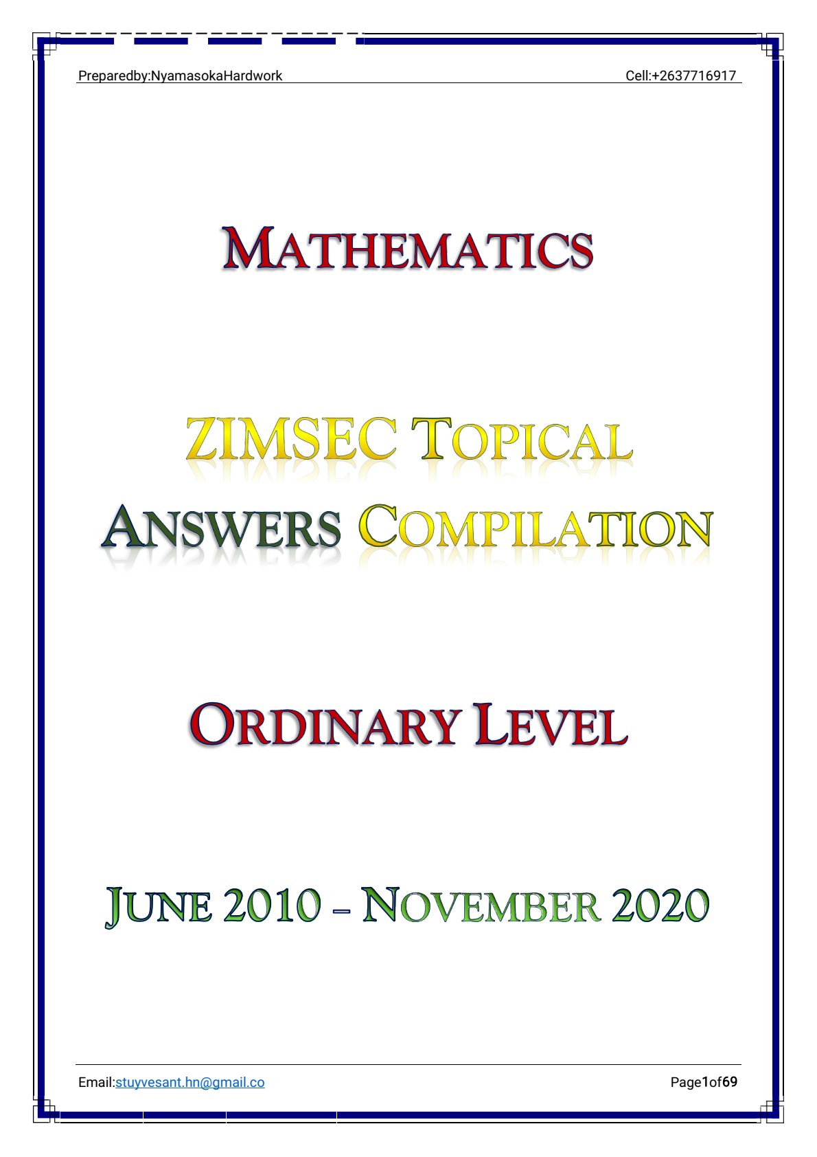 First page of ZIMSEC O-Level Mathematics 2010-2020 Study Guide