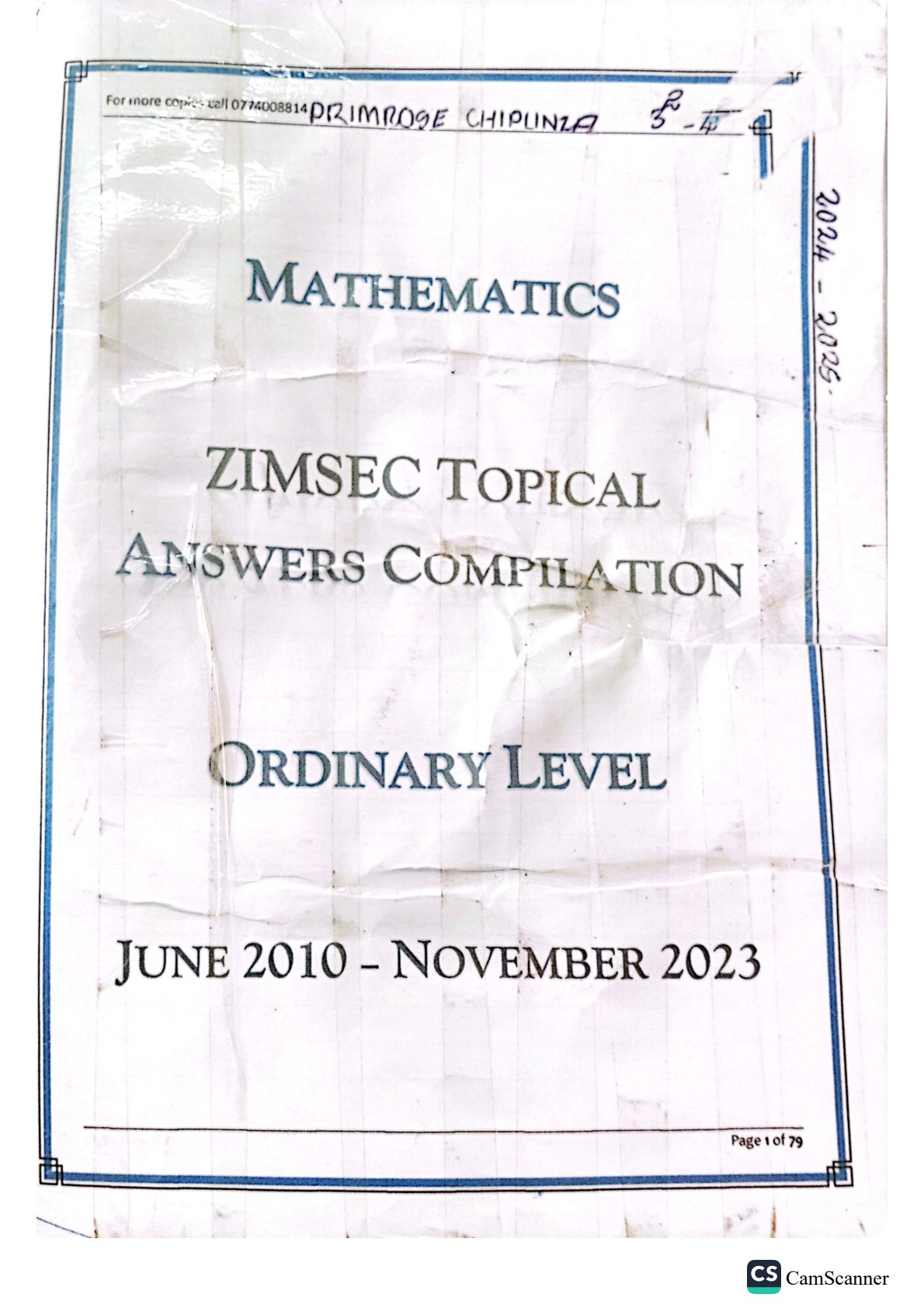 First page of ZIMSEC O-Level Mathematics 2010-2023 Study Guide