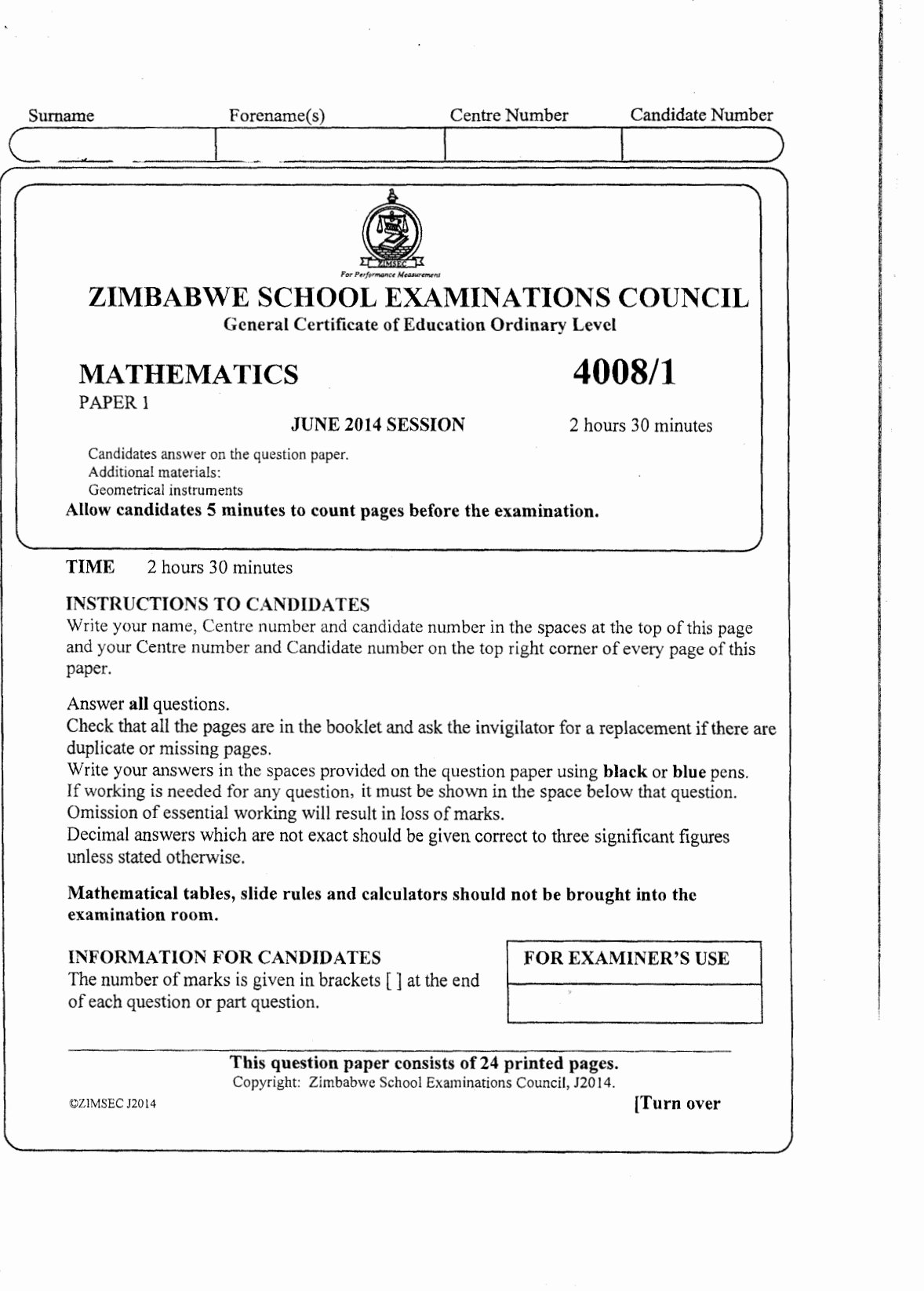 First page of ZIMSEC O-Level Mathematics 2014-2018 Study Guide