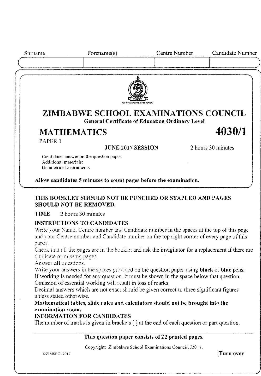 First page of ZIMSEC O-Level Mathematics 2017 Question Paper