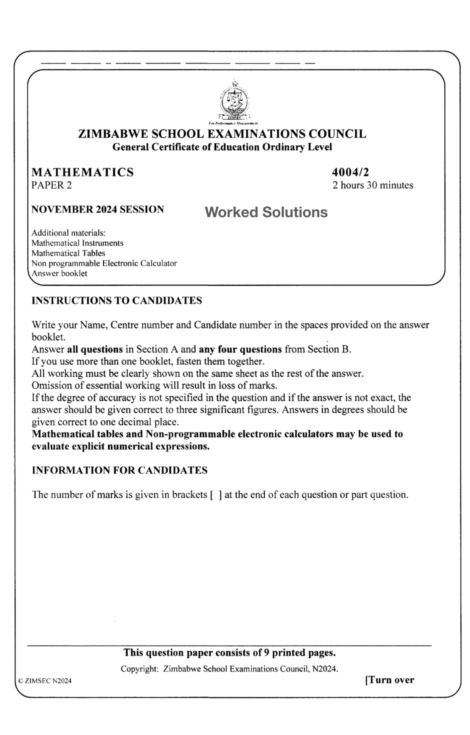 First page of ZIMSEC O-Level Mathematics 2024 Study Guide