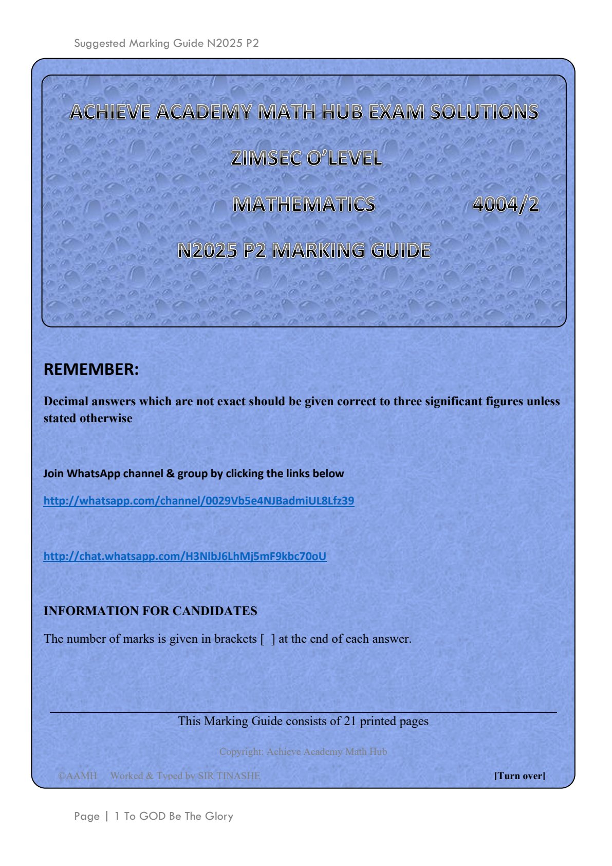 First page of ZIMSEC O Level Mathematics 4004/2 N2025 P2 Marking Guide