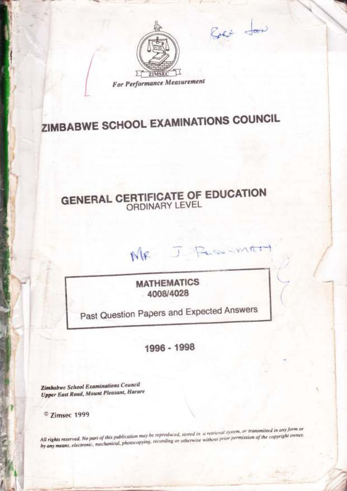 First page of ZIMSEC O-Level Mathematics Green Book 1996-1998 Study Guide