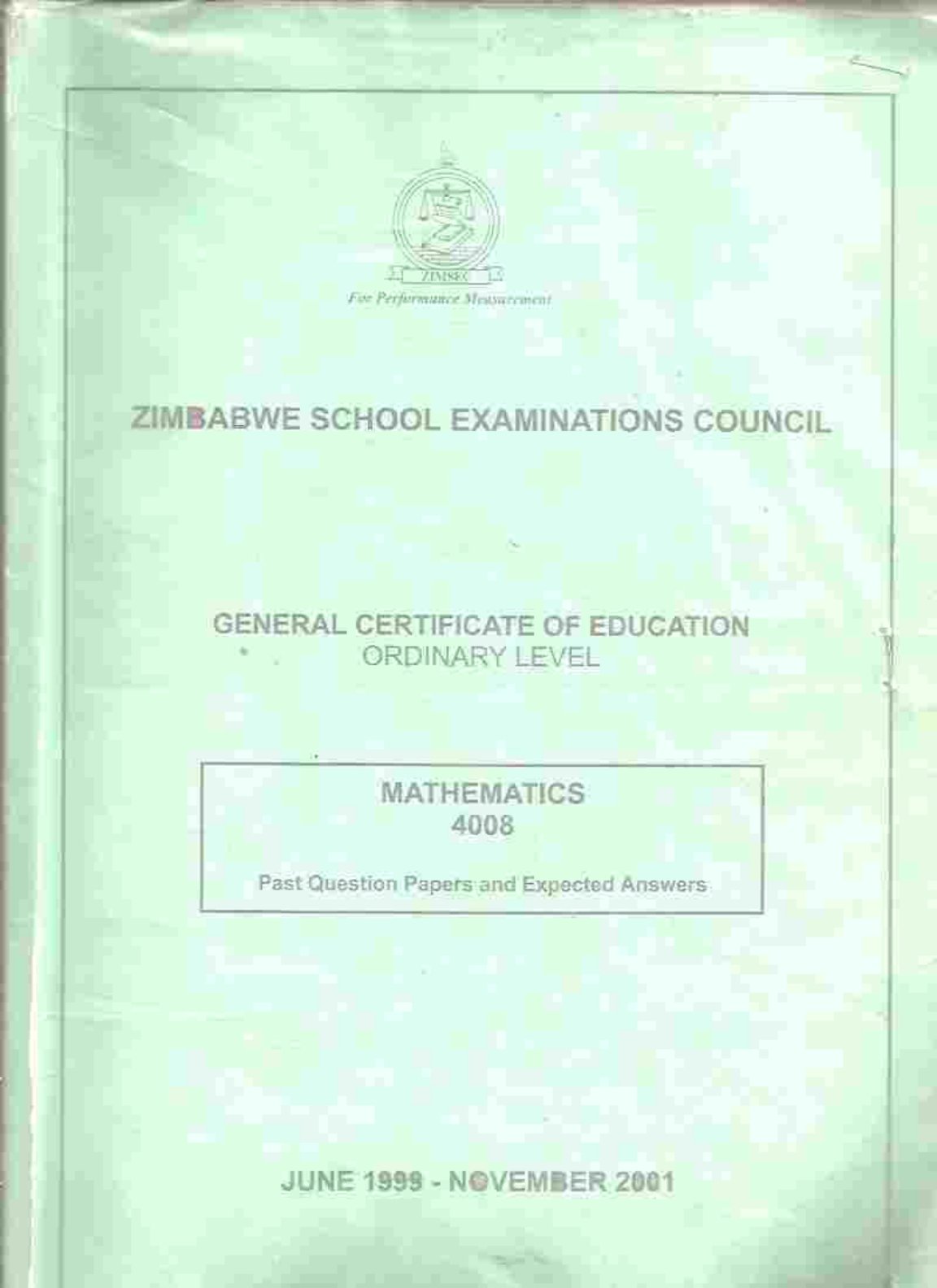 First page of ZIMSEC O-Level Mathematics Green Book 1998-2001 Study Guide