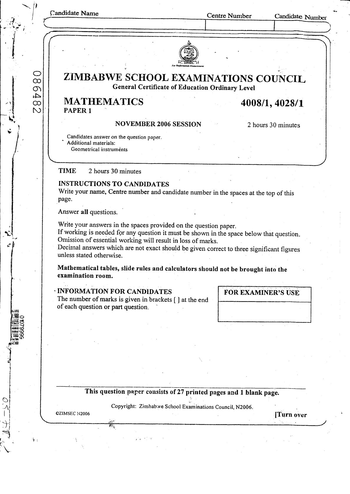 First page of ZIMSEC O-Level Mathematics Green Book 2006-2008 Study Guide