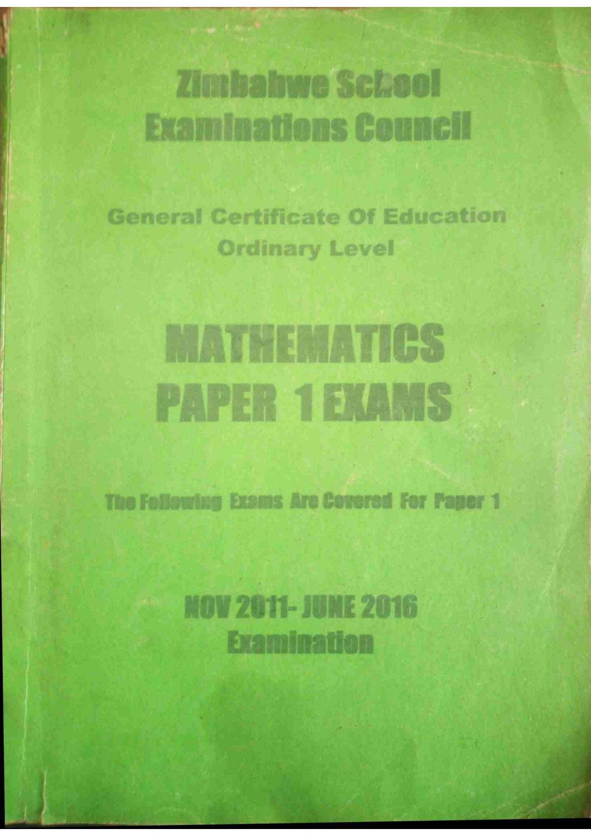 First page of ZIMSEC O-Level Mathematics Green Book 2011-2016 Study Guide