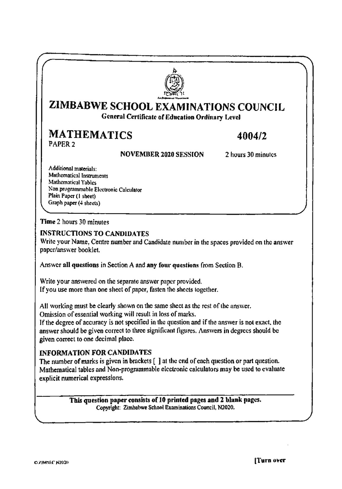 First page of ZIMSEC O-Level Mathematics Green Book 2020-2023 Study Guide