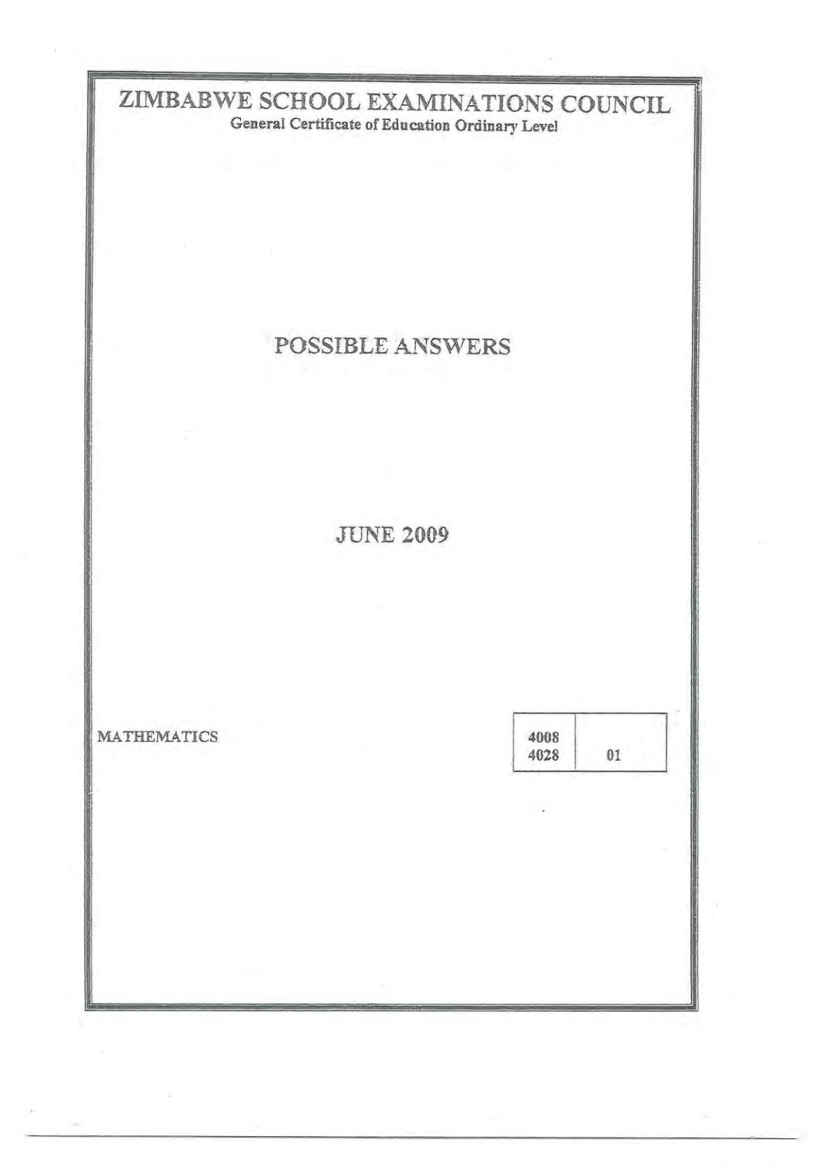 First page of ZIMSEC O-Level Mathematics June 2009 Marking Scheme