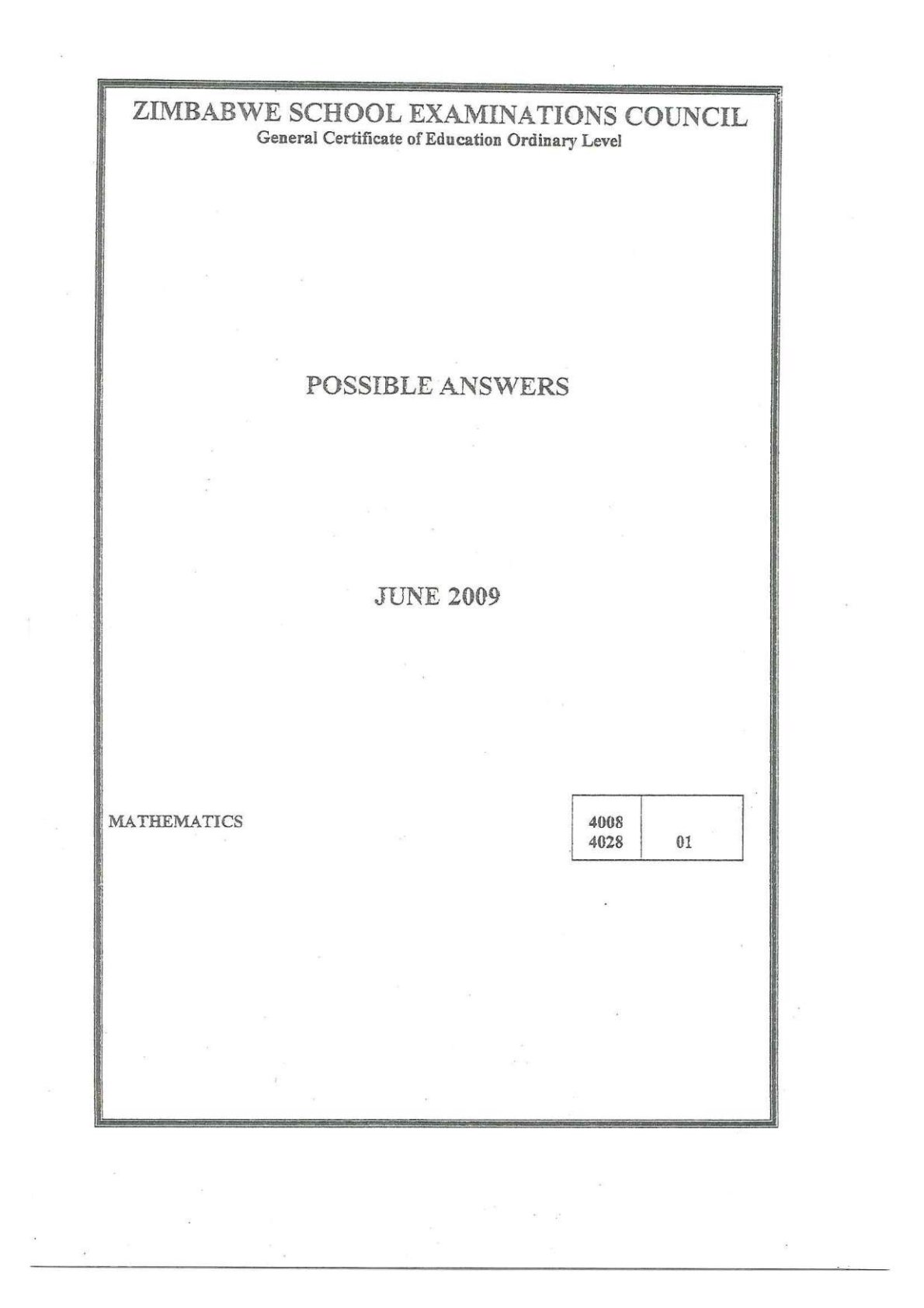 First page of ZIMSEC O-Level Mathematics June 2009 Marking Scheme